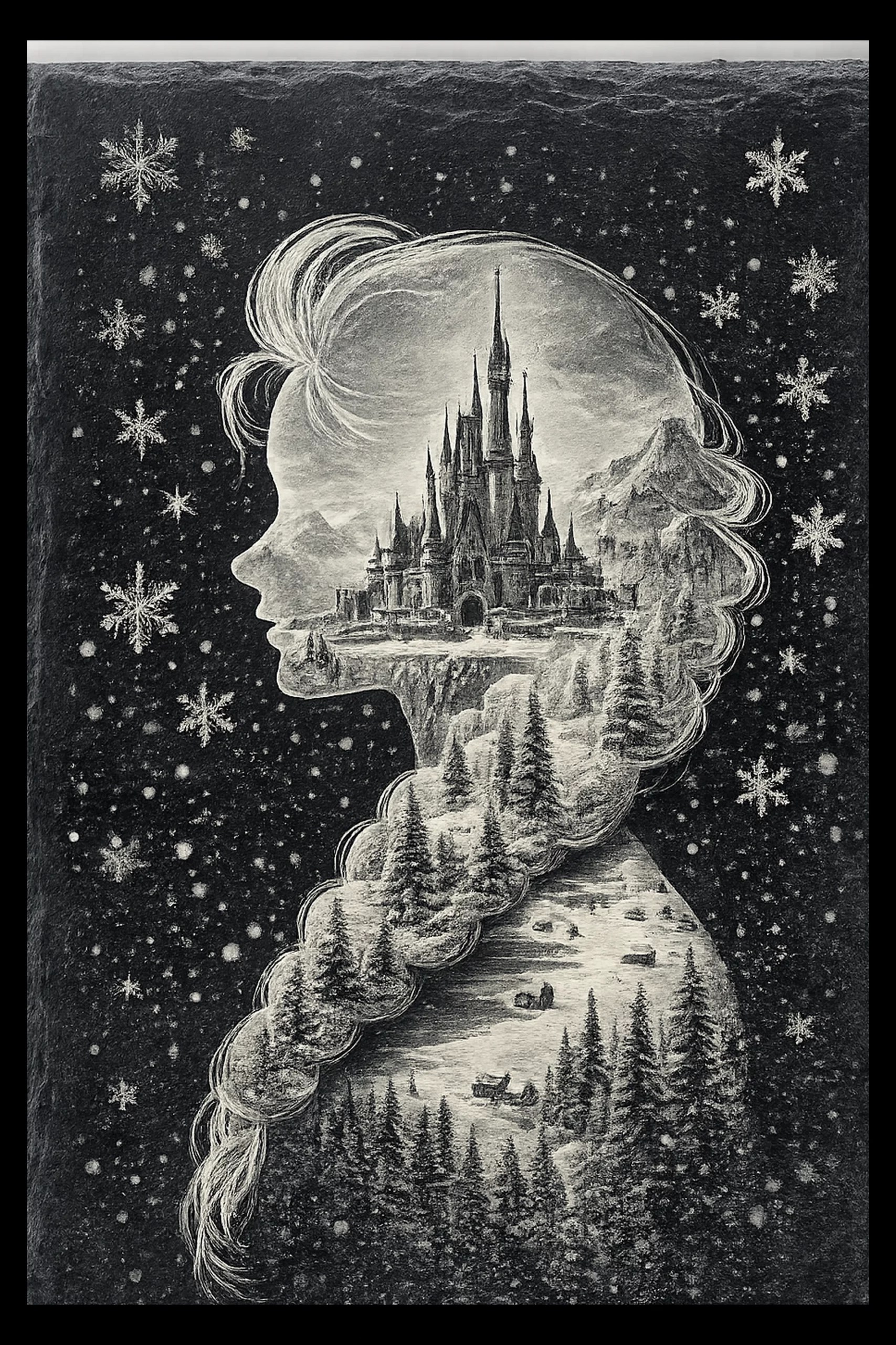 A girl's braided silhouette contains an entire winter castle landscape, turning memory and imagination into one image.