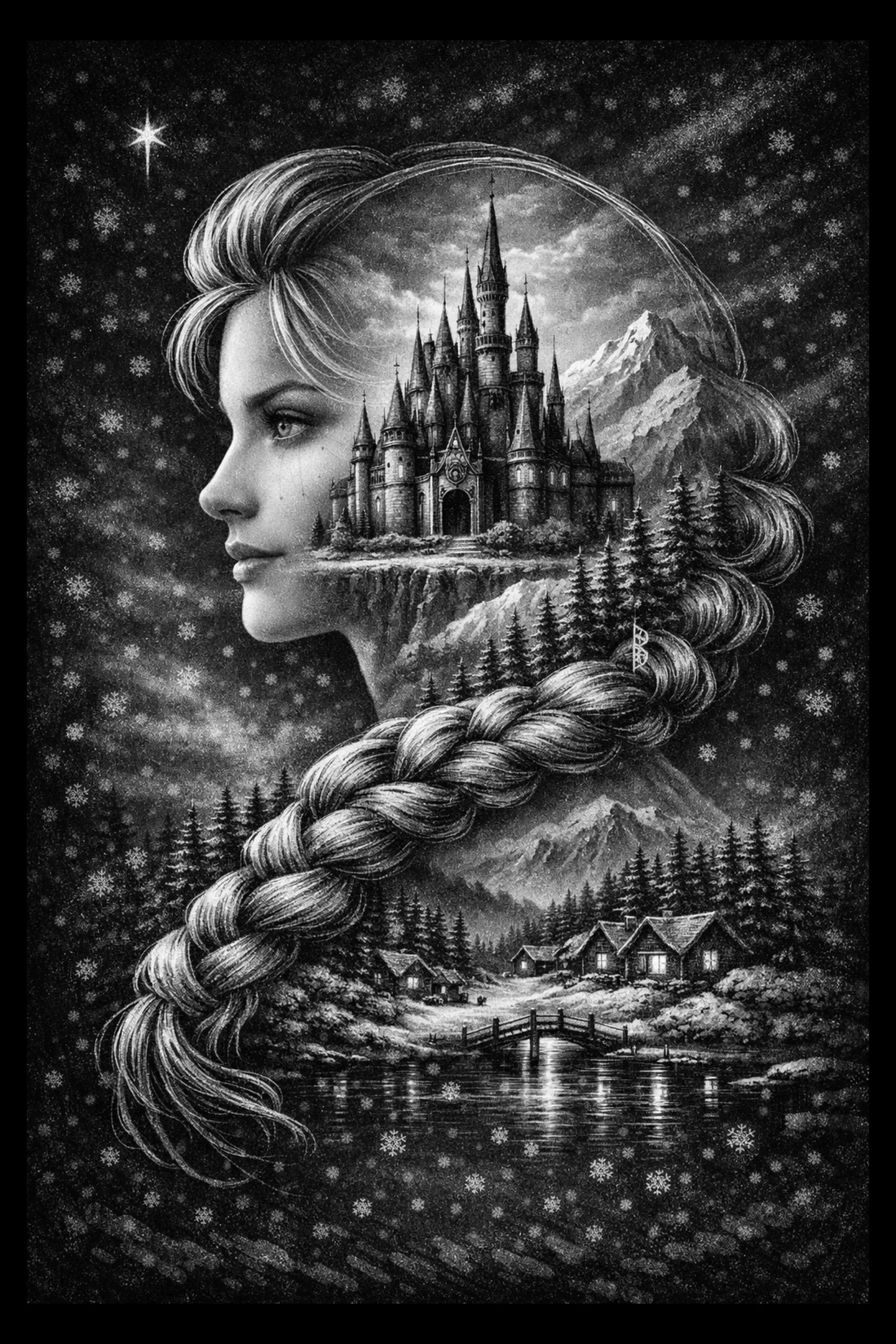 A young woman's profile opens into a floating castle and alpine landscape while her long braid becomes part of the scenery.