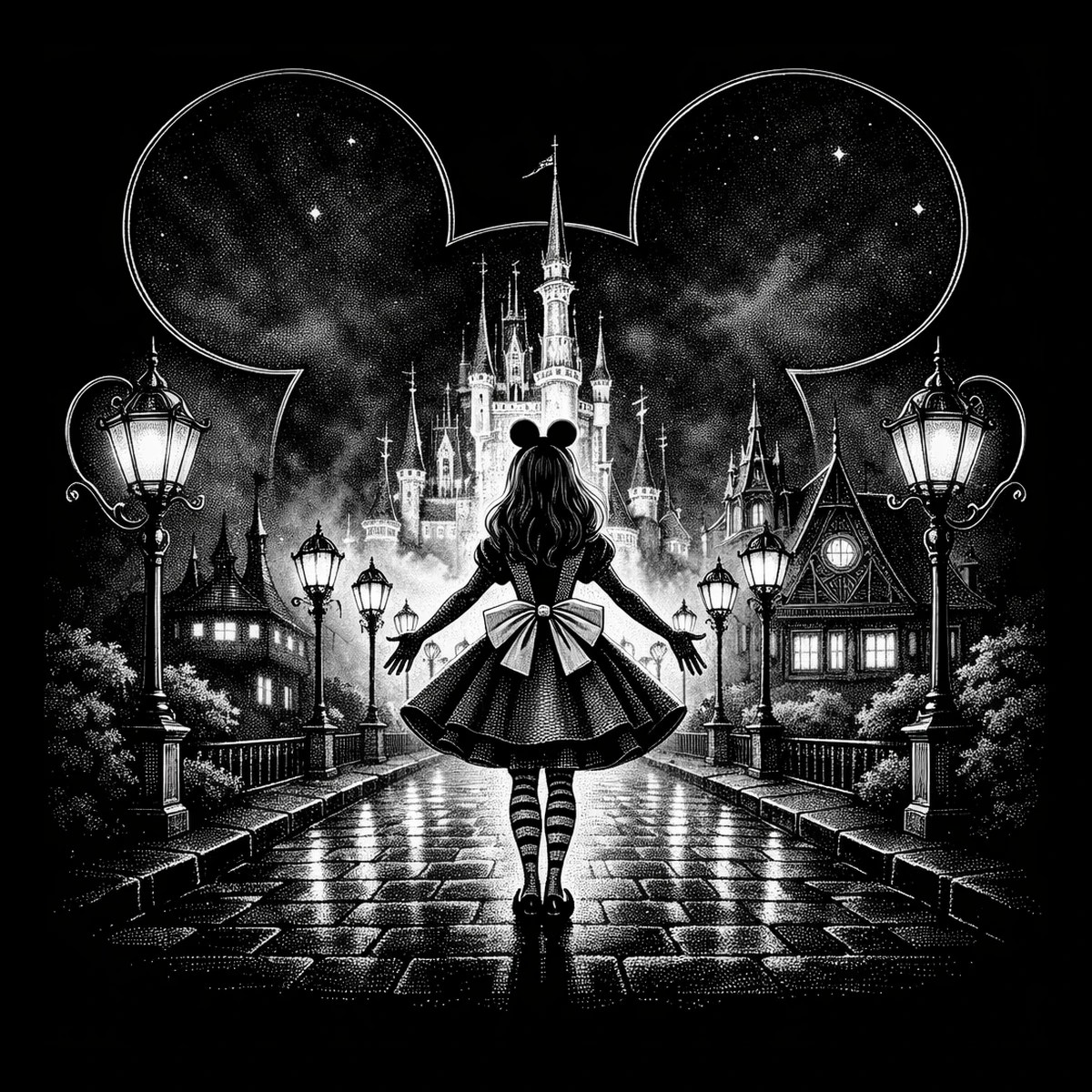 A girl in mouse ears walks toward a glowing fairytale castle across rain-darkened cobblestones.