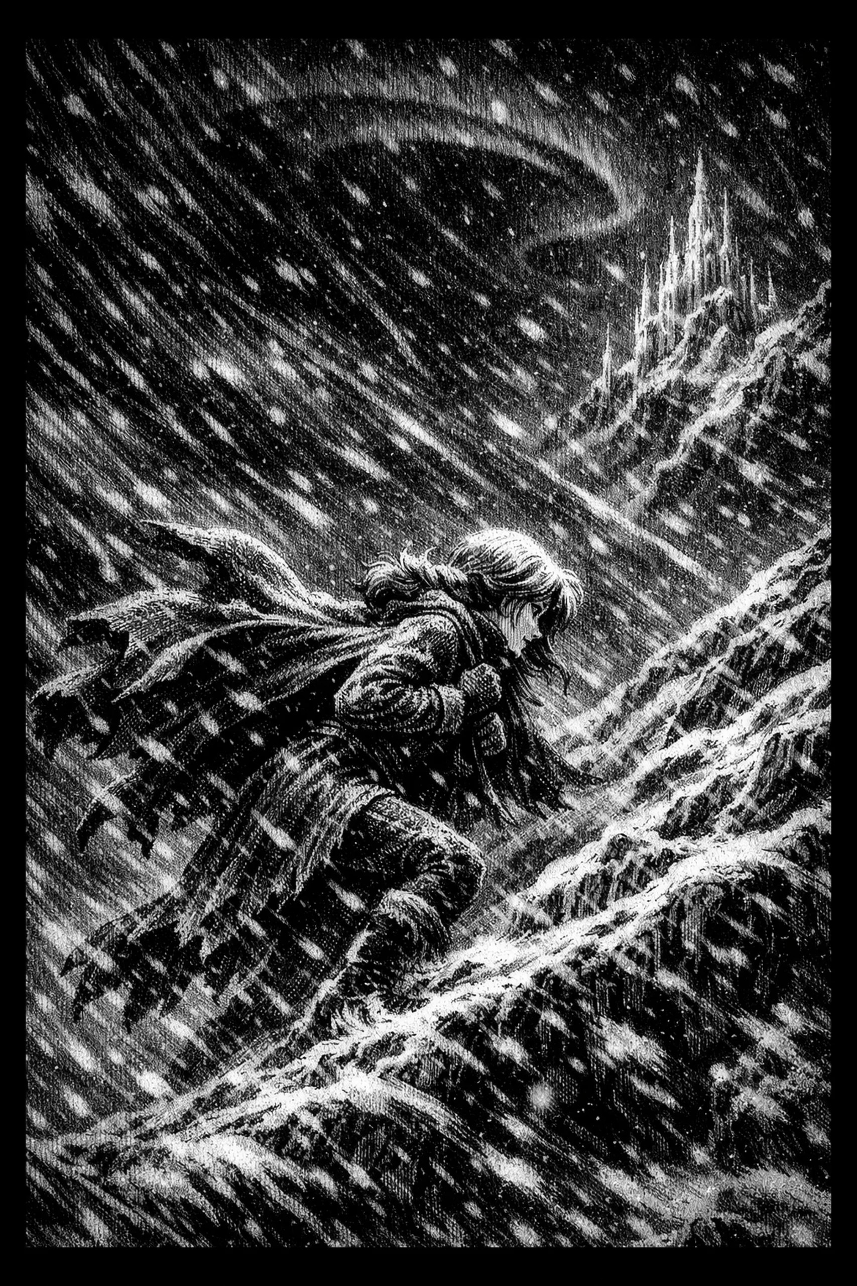 A cloaked traveler climbs through blowing snow toward a distant spired castle high in the mountains.