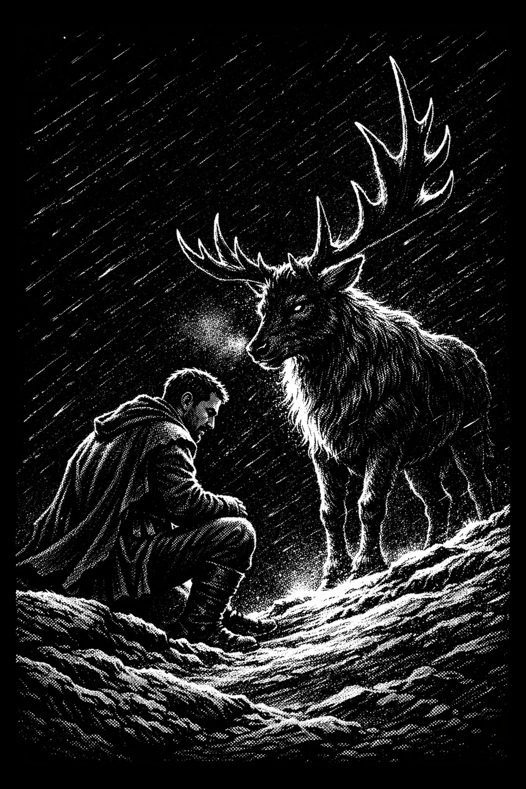 A hooded traveler kneels before an enormous stag while snow whips through the surrounding wilderness.