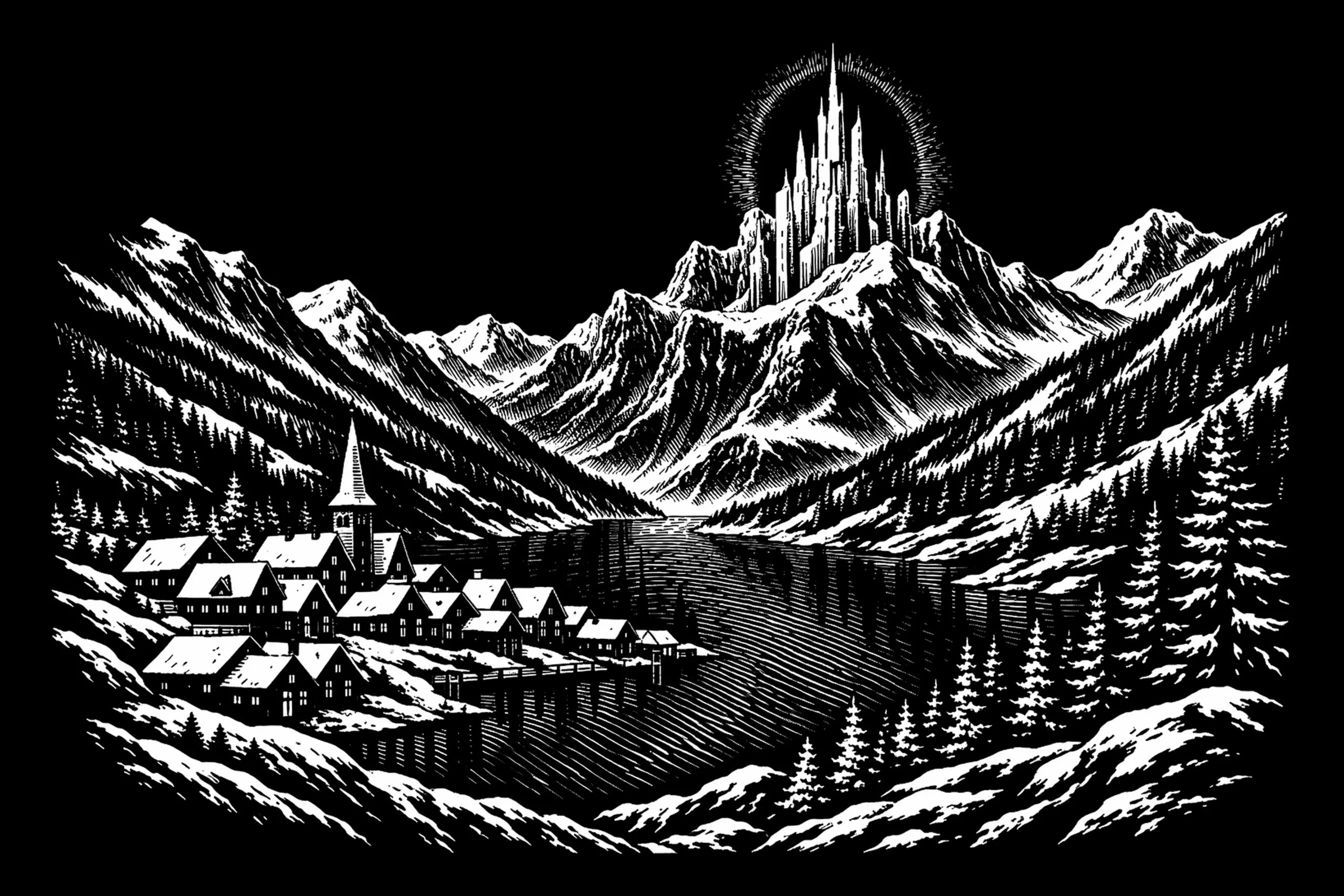 A quiet mountain village rests below towering peaks and a soaring spired castle reflected in the lake.