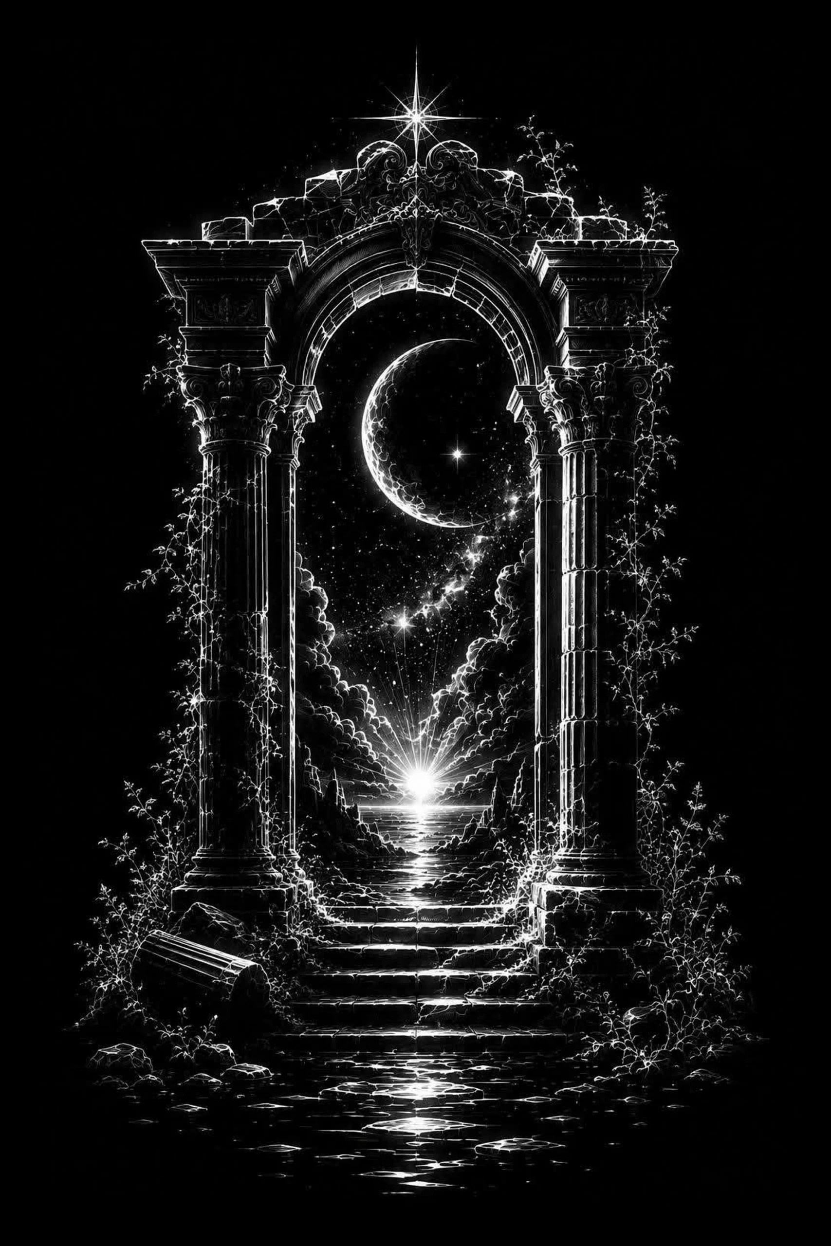 A ruined stone arch opens onto a celestial sea filled with stars, distant light, and an otherworldly horizon.