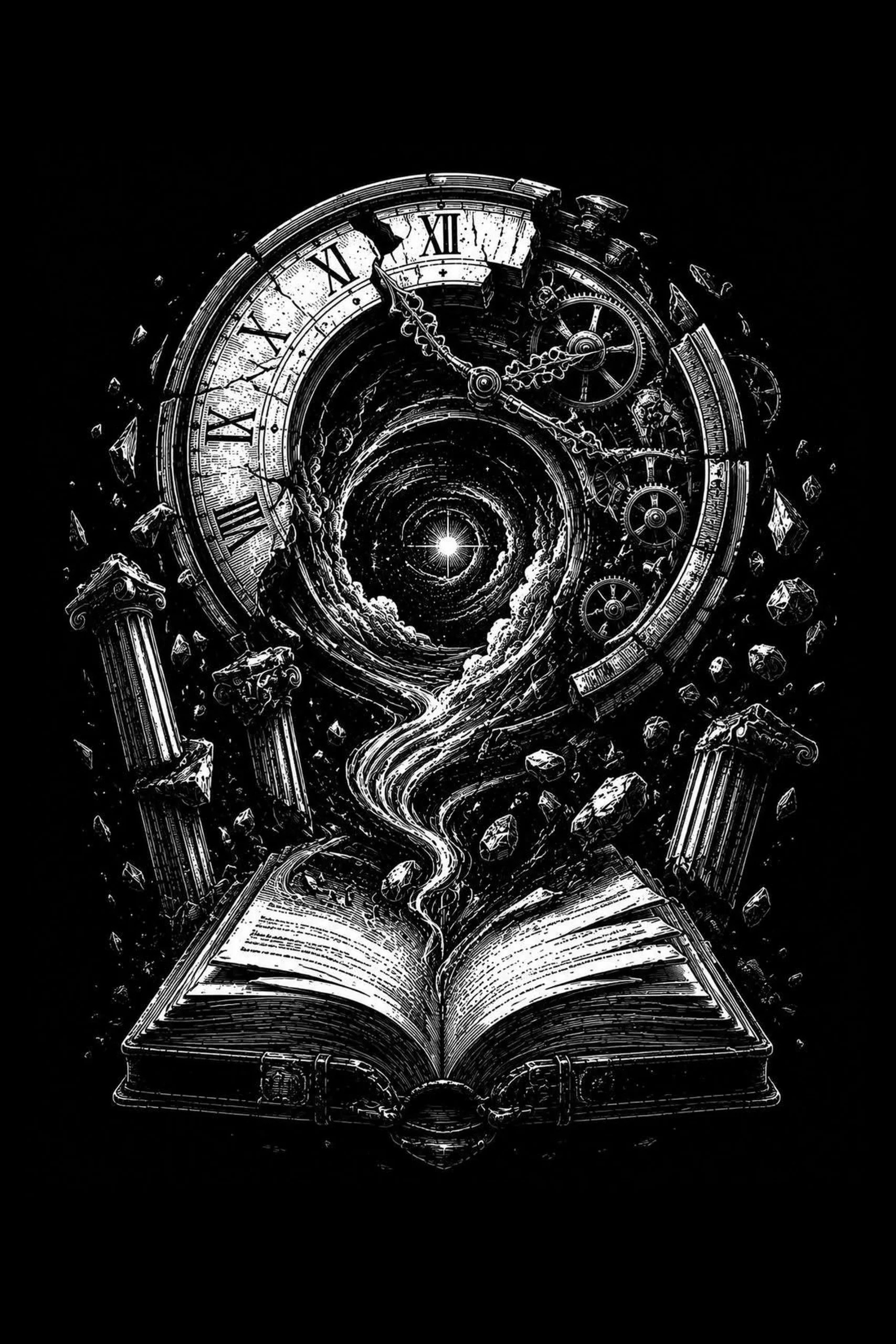 An ancient book releases a spiraling vortex that tears through a clock face and carries fragments of classical ruins into the air.