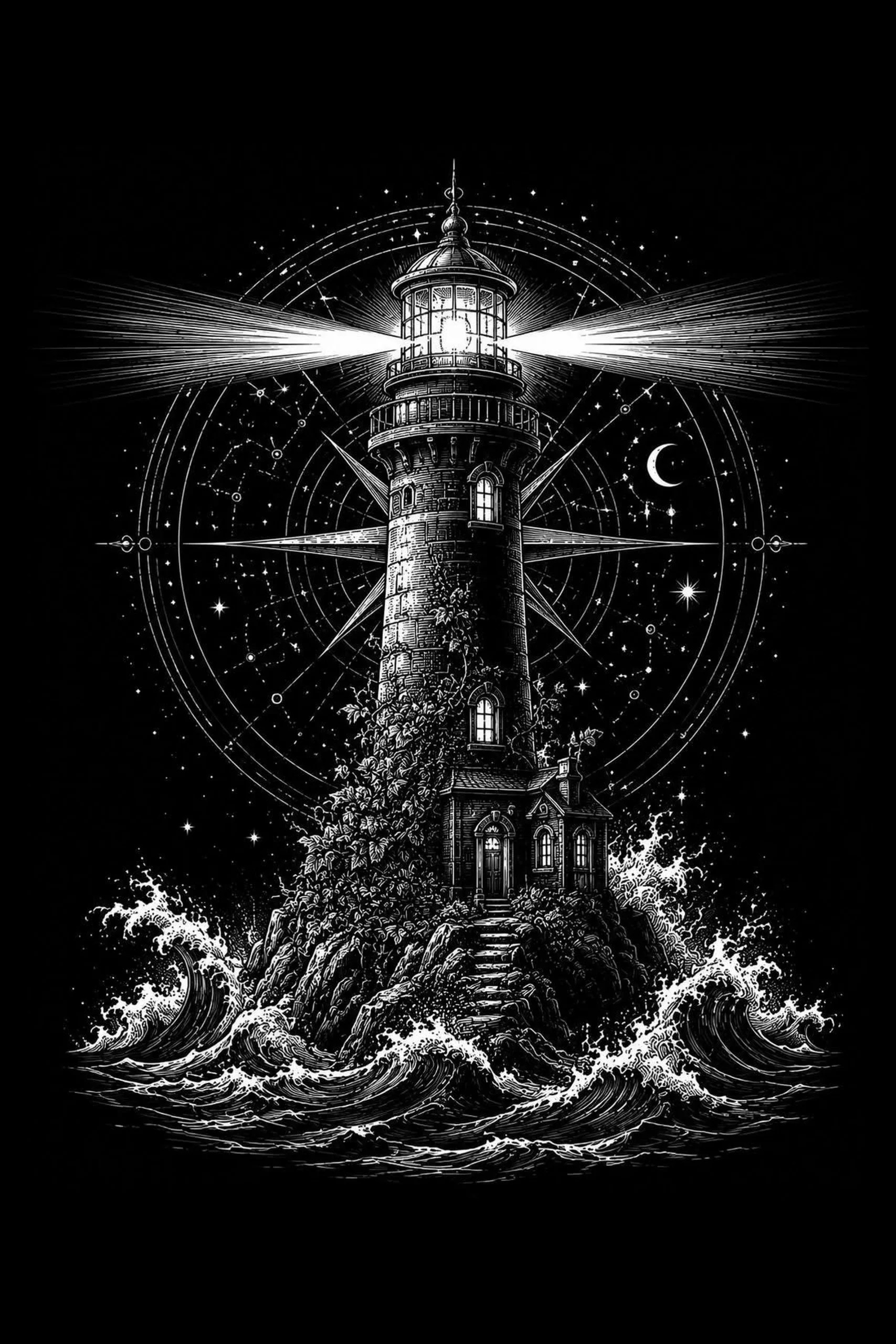A lighthouse shines from a rocky island beneath a celestial compass, joining navigation, night sky, and coastal drama.
