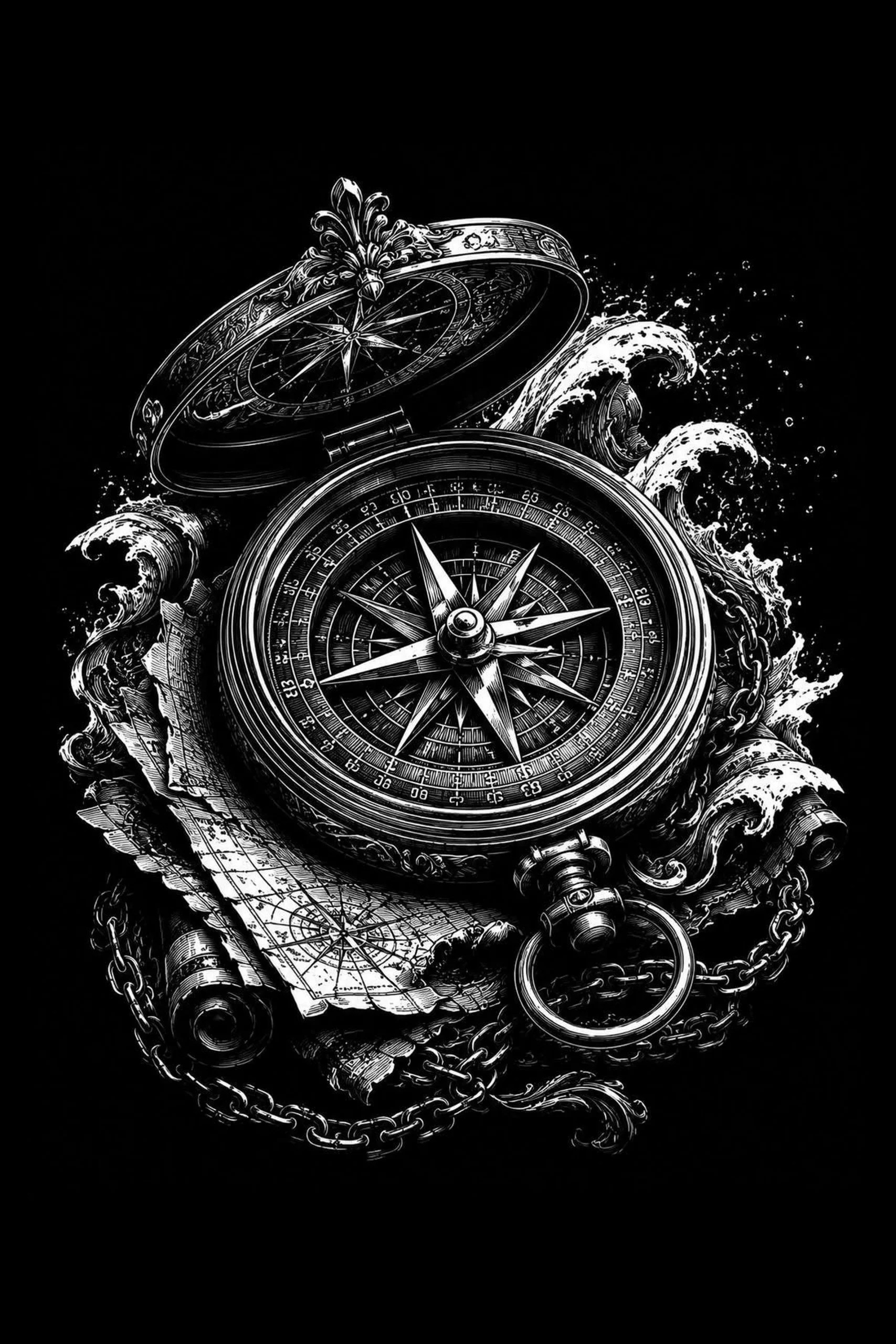 An antique pocket compass rests across folded nautical charts while waves and decorative flourishes curl around it.