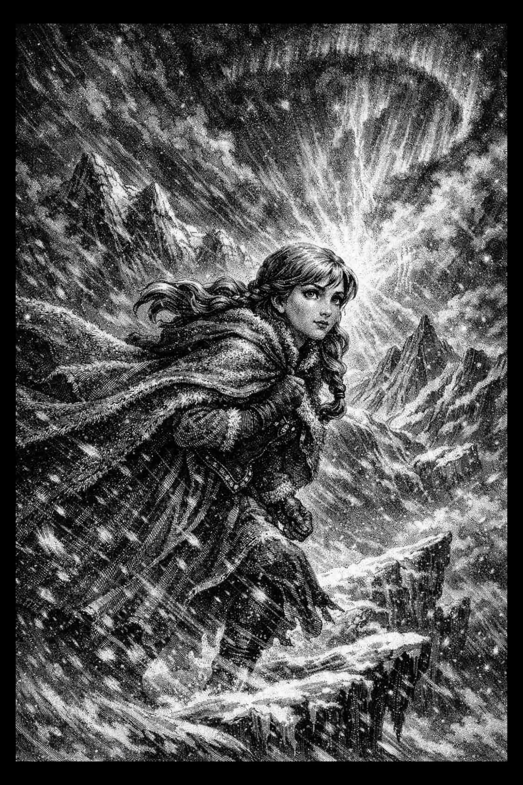 A young woman stands in a snowy mountain storm with radiant light breaking through behind her.