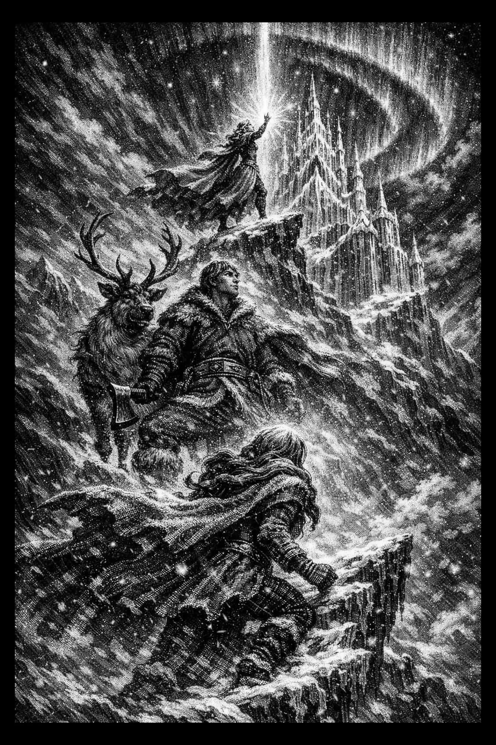 Three travelers climb toward a luminous mountain citadel while a mage sends a beam of light into the stormy sky.
