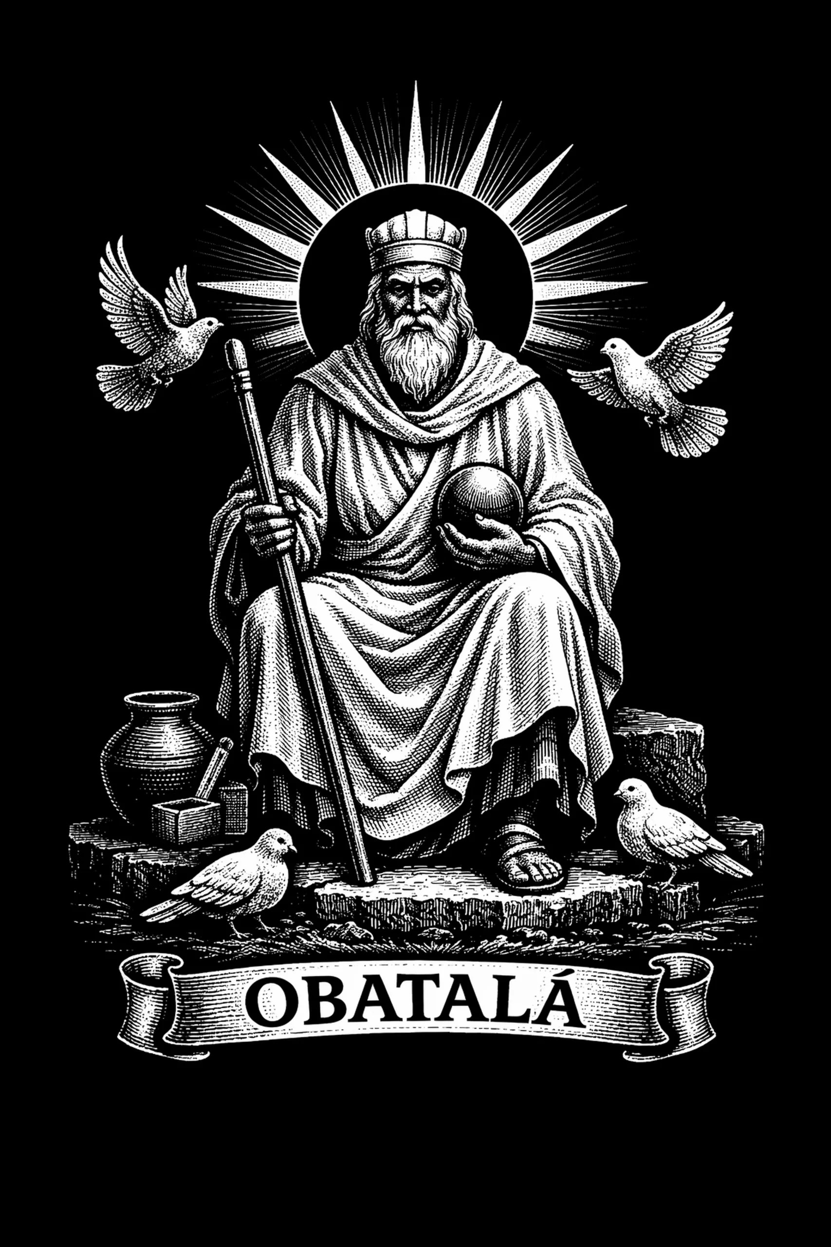 Obatala sits in quiet dignity, dressed in white and surrounded by symbolic detail in a traditional devotional-style engraving.