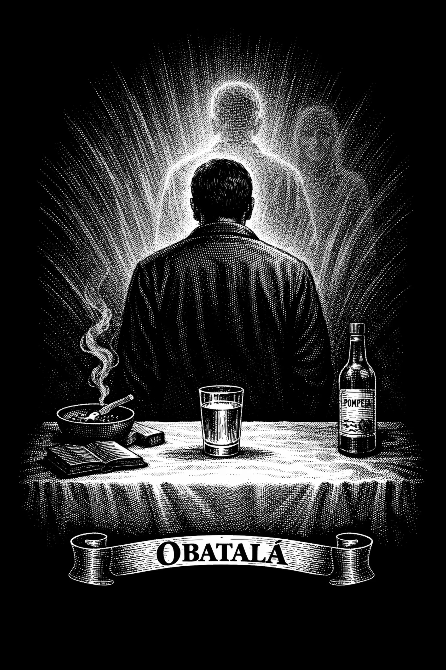 A man sits before ritual objects while luminous spiritual figures gather behind him beneath the name OBATALA.