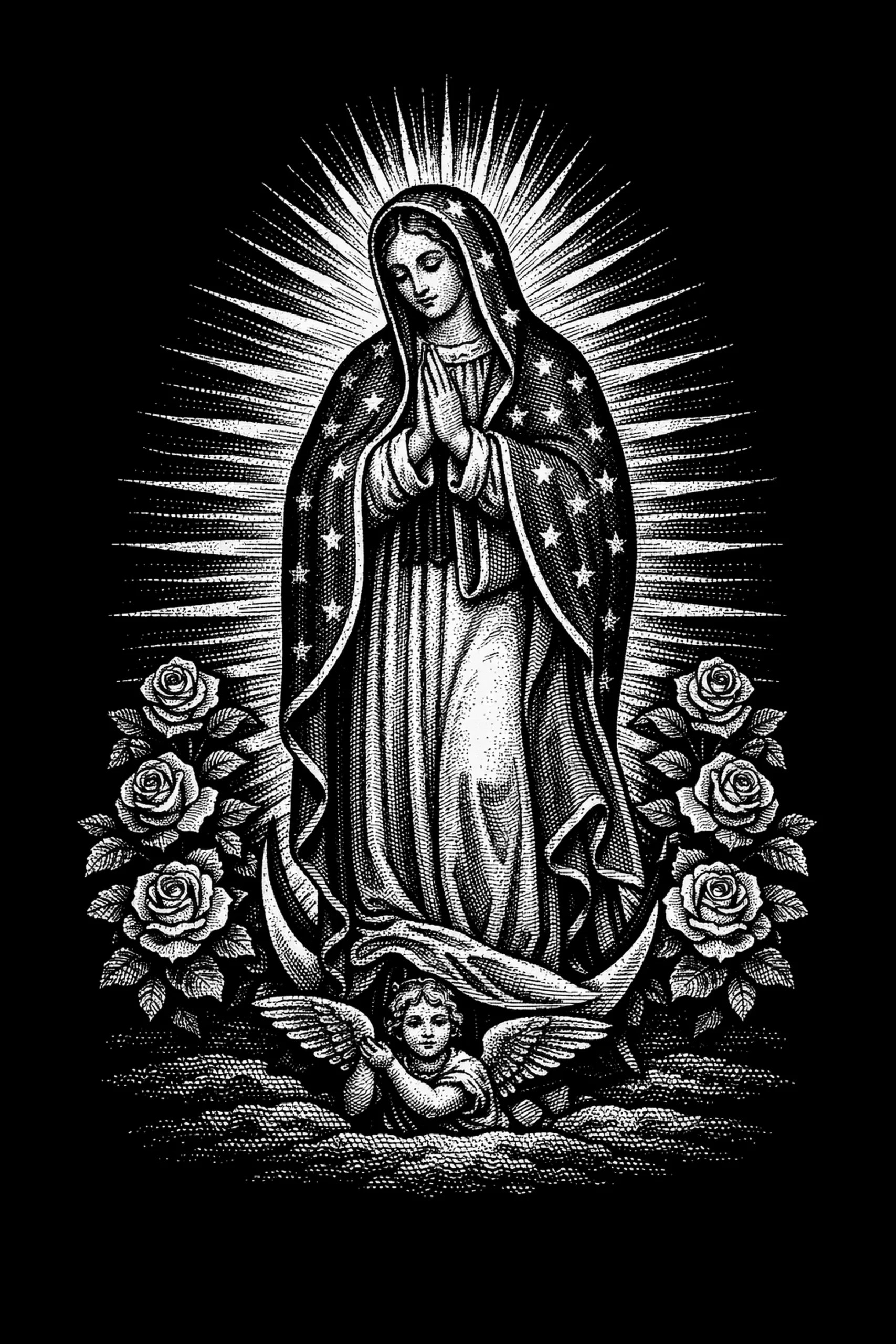 Our Lady of Guadalupe stands within a radiant halo above roses and a cherub in a traditional devotional composition.