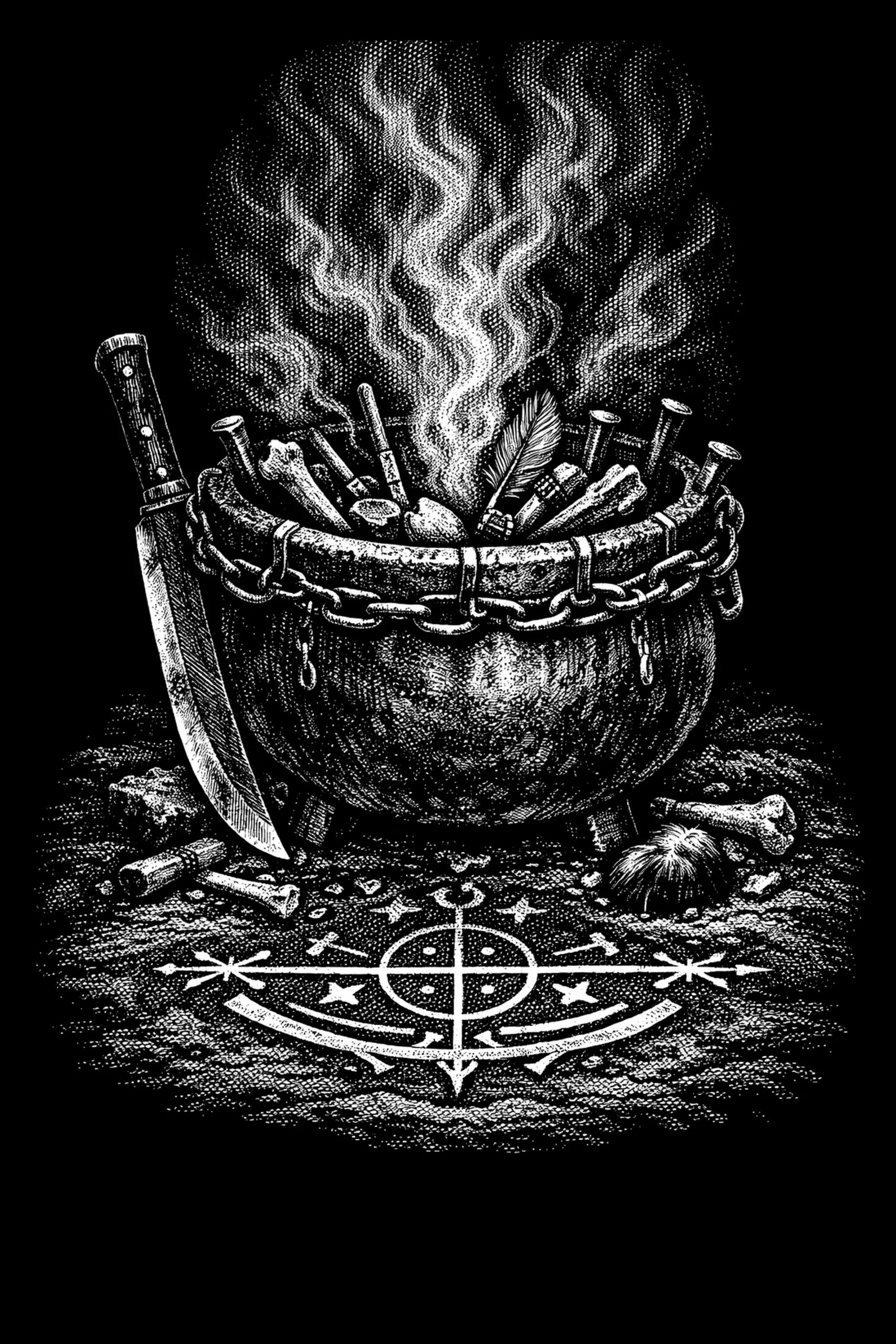 A bubbling cauldron sits inside a ritual circle surrounded by tools, smoke, and magical symbols.