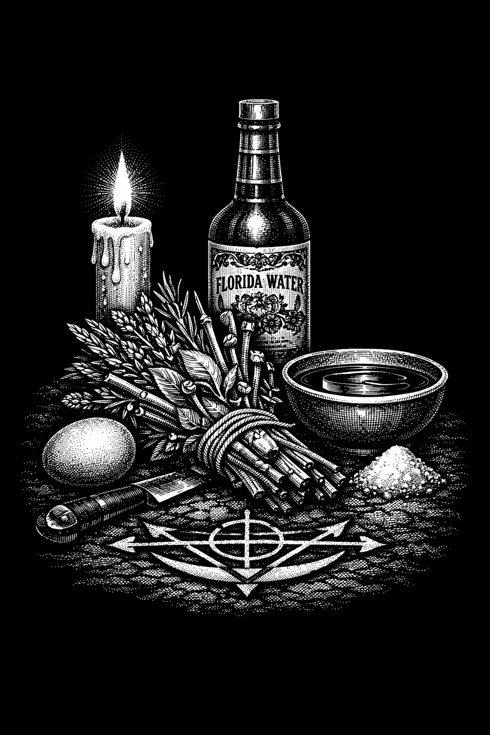 Florida Water, candlelight, herbs, salt, an egg, and other ritual objects come together in a carefully arranged altar still life.