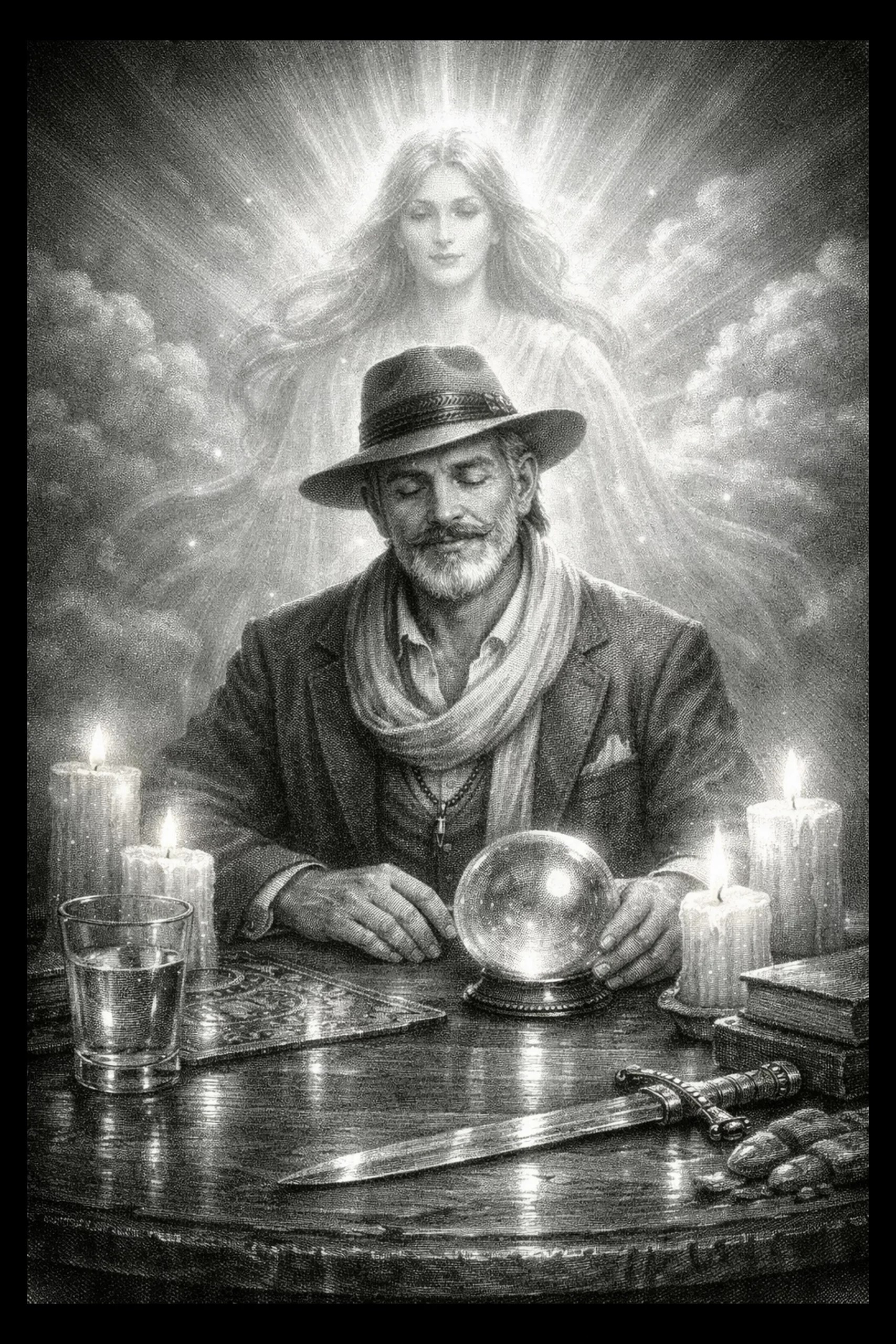 A seated mystic receives guidance from an angel standing close behind, giving the scene a quiet spiritual intimacy.