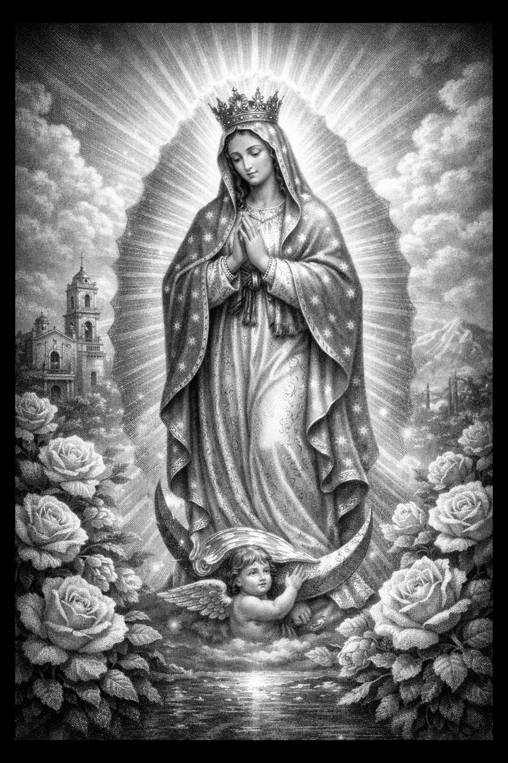 A crowned Virgin Mary stands above a crescent moon and cherub, framed by roses with a church and mountains in the distance.
