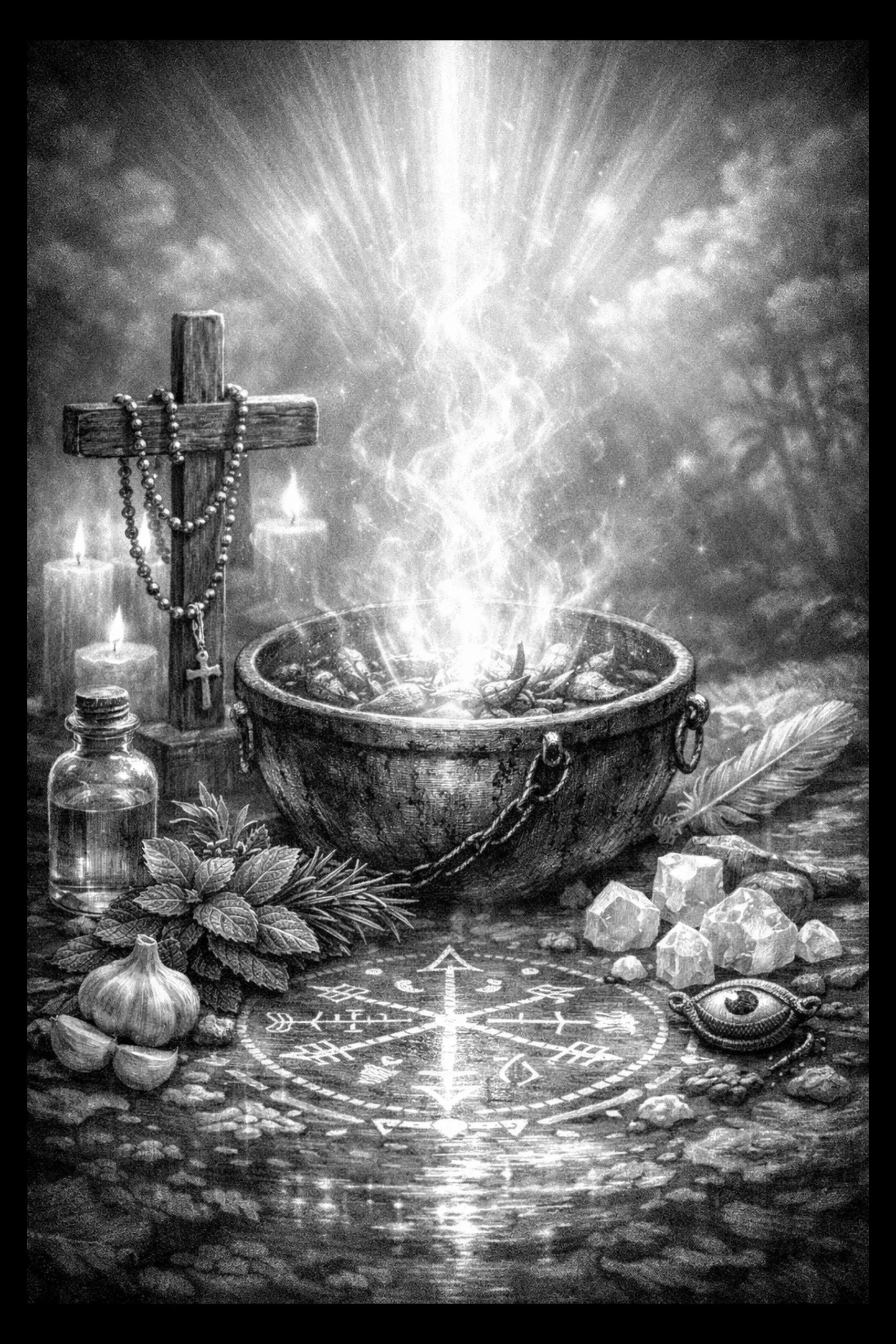 A smoking iron cauldron anchors a dark ritual still life filled with candles, herbs, tools, and layered shadows.