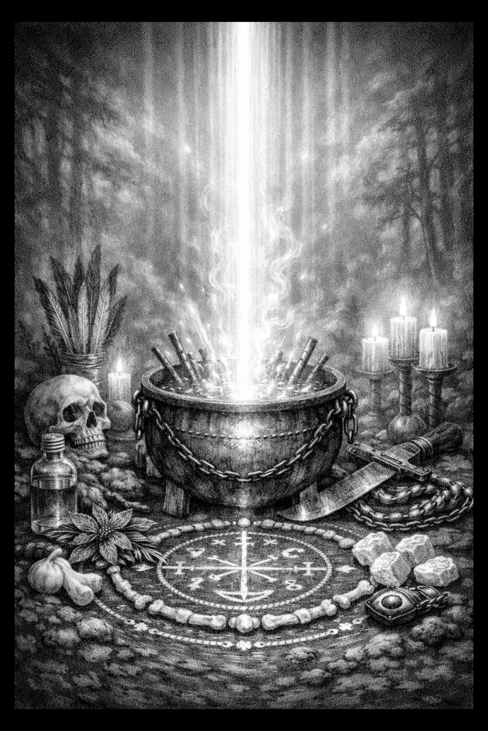 A smoking cauldron sits beneath a dramatic shaft of light, turning a simple ritual scene into something mysterious and theatrical.