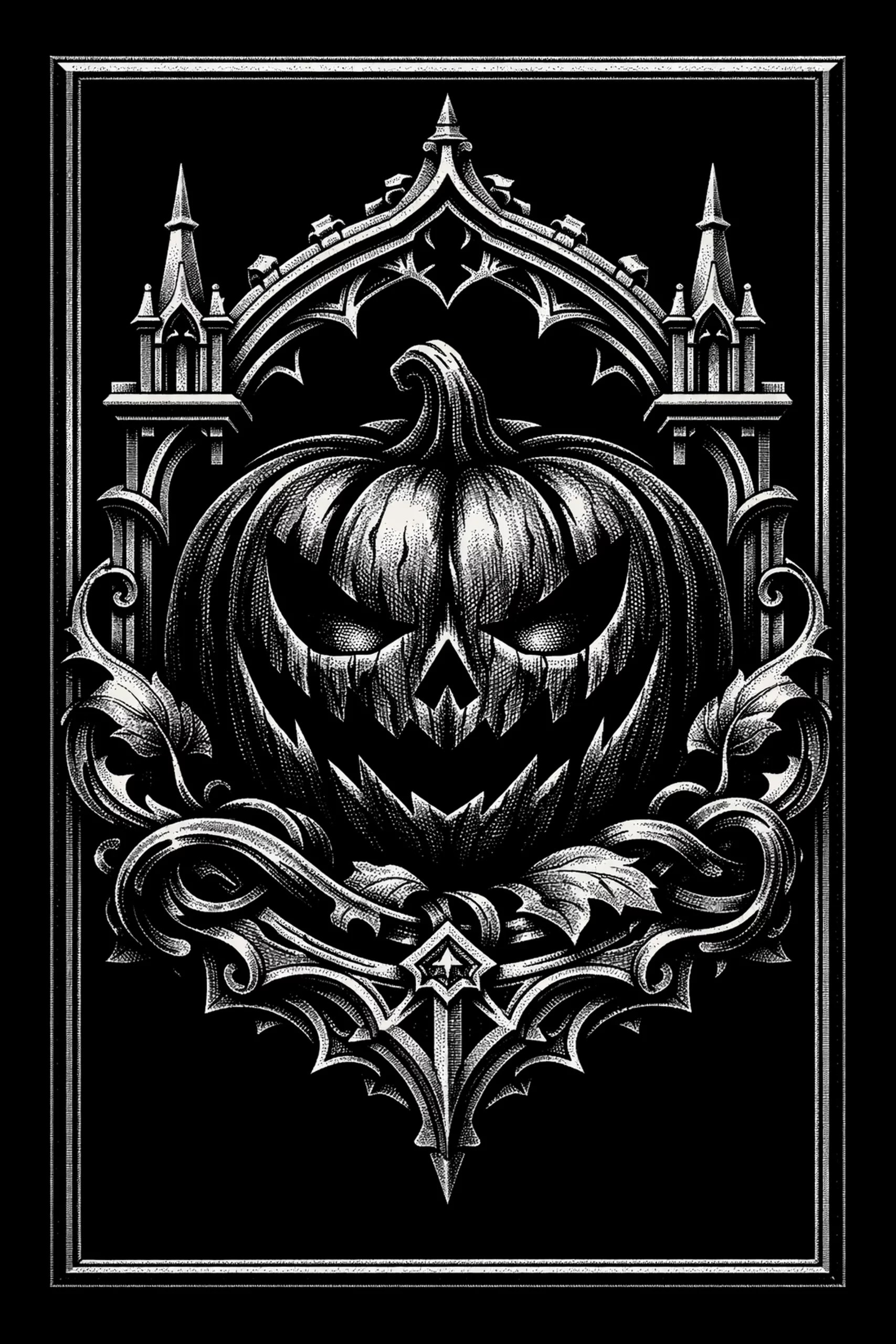 A menacing jack-o'-lantern face emerges from gothic arches, spires, and curling baroque ornament.