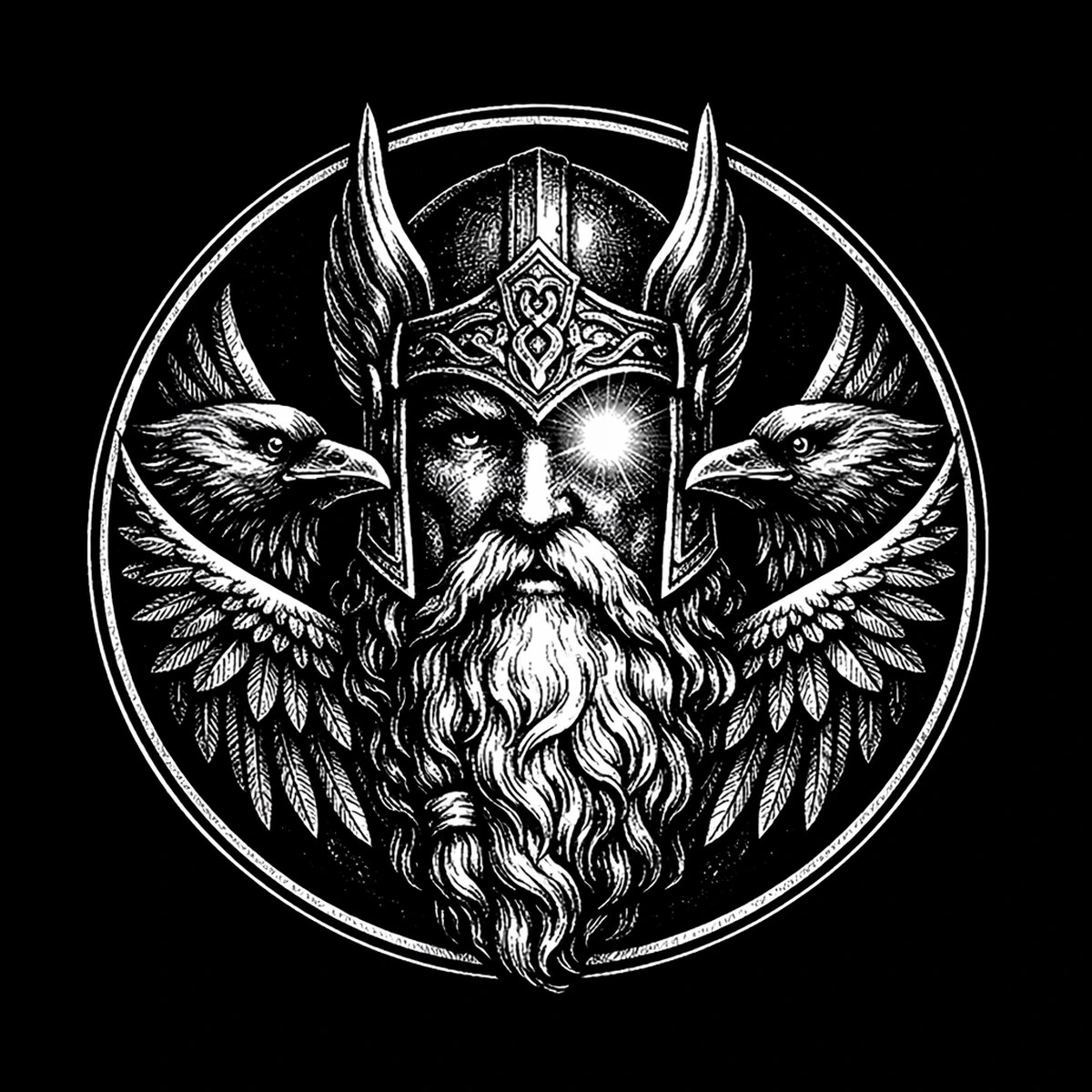 A one-eyed Norse father figure is framed by two ravens inside a bold circular emblem.