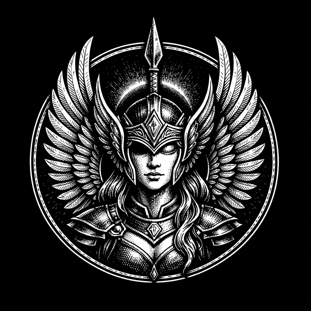 A winged Valkyrie faces forward in an ornate helmet and armor inside a strong circular emblem.