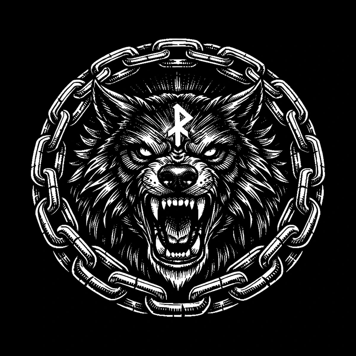 A snarling wolf bursts forward from the center of a heavy chain ring with teeth bared.