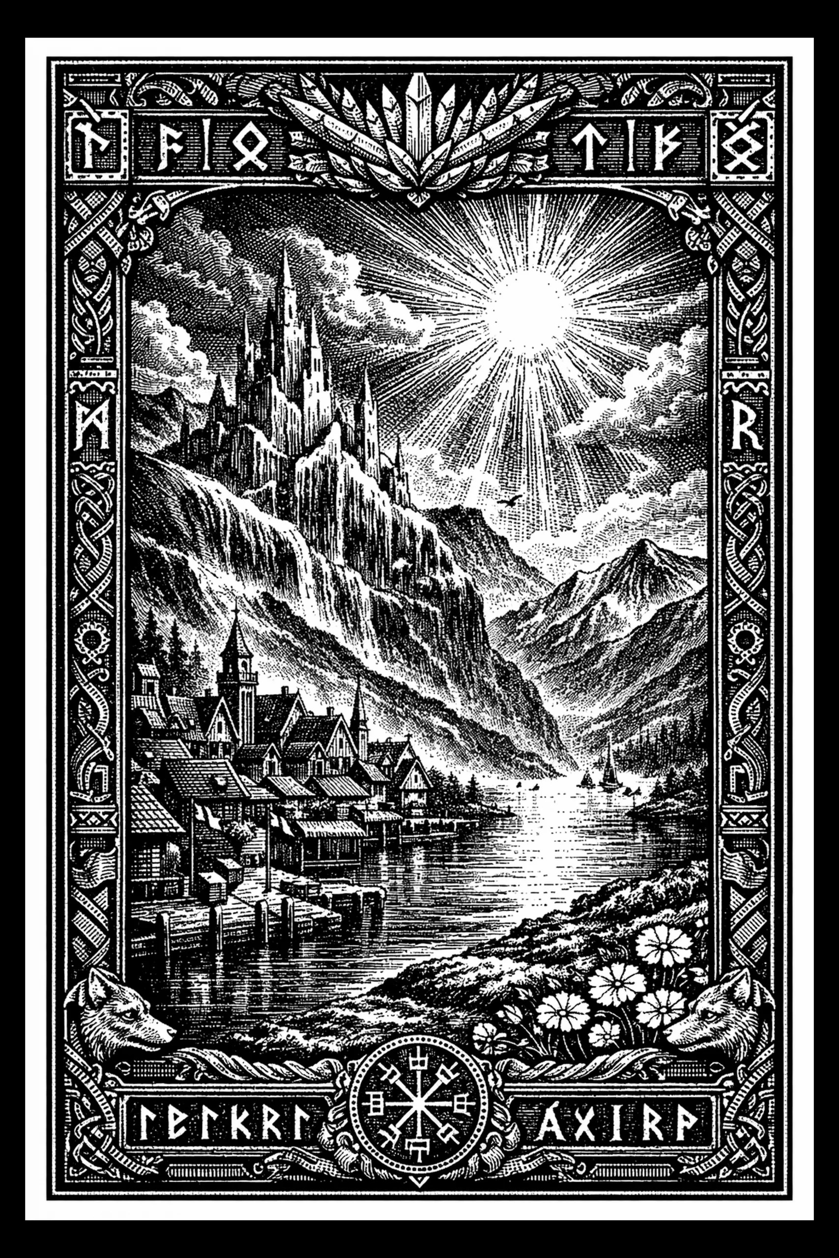 A dramatic fjord stretches between mountains beneath an ornate Norse frame inspired by old carved decoration.