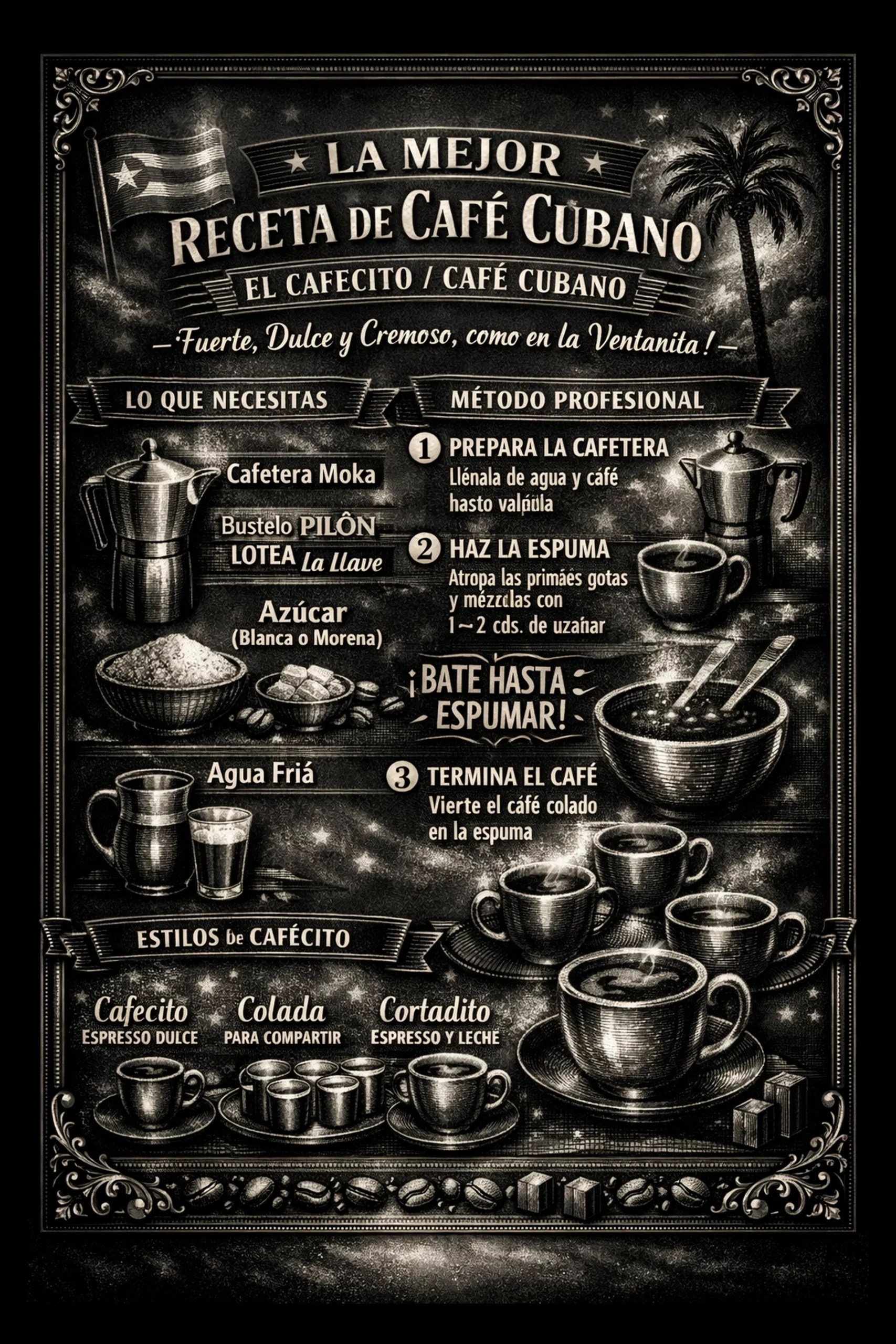 A vintage chalkboard-style guide walks through the steps of making Cuban coffee with illustrated cafetera and cafecito details.