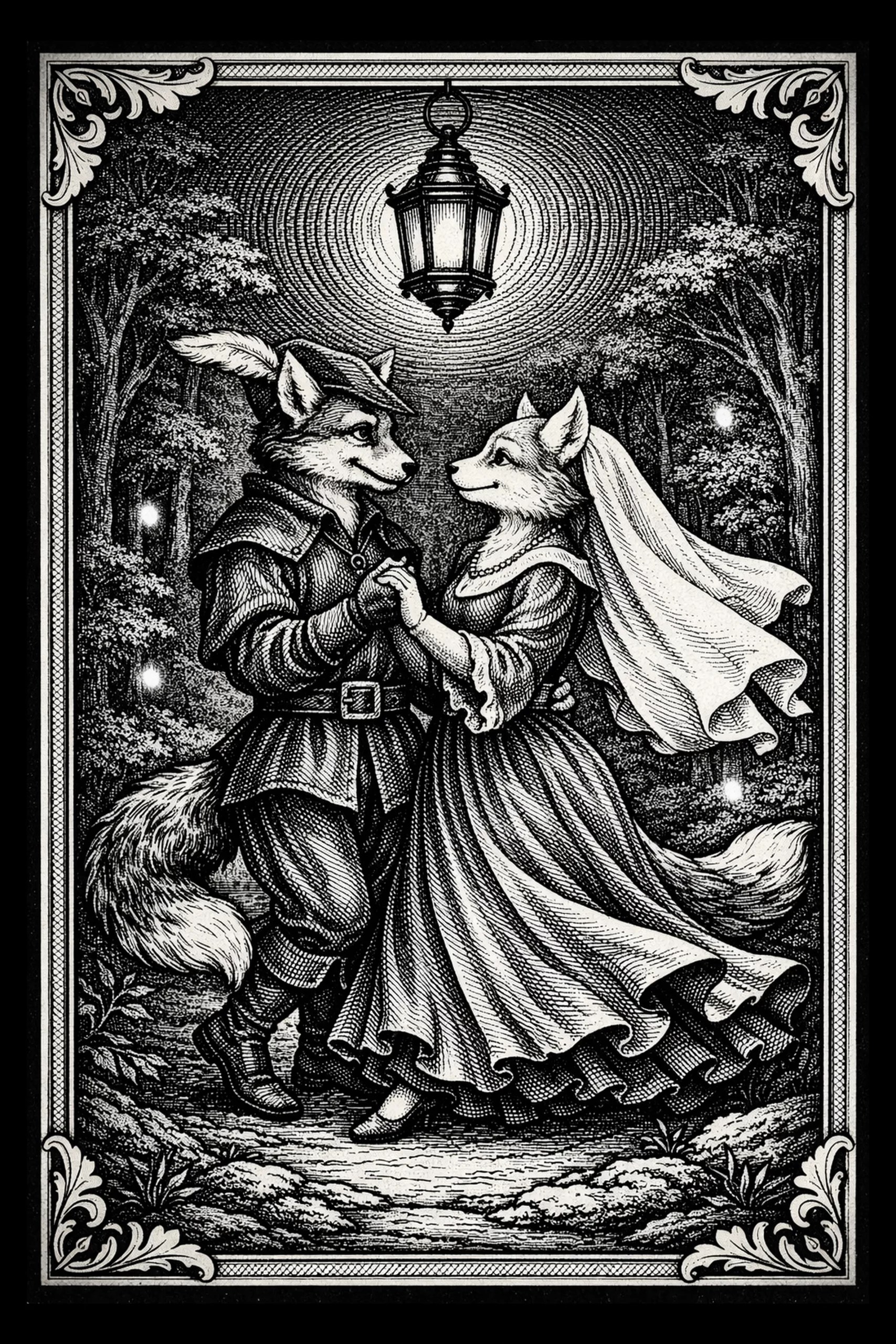 Two dressed foxes dance beneath a lantern in a moonlit forest like characters from a forgotten Victorian storybook.