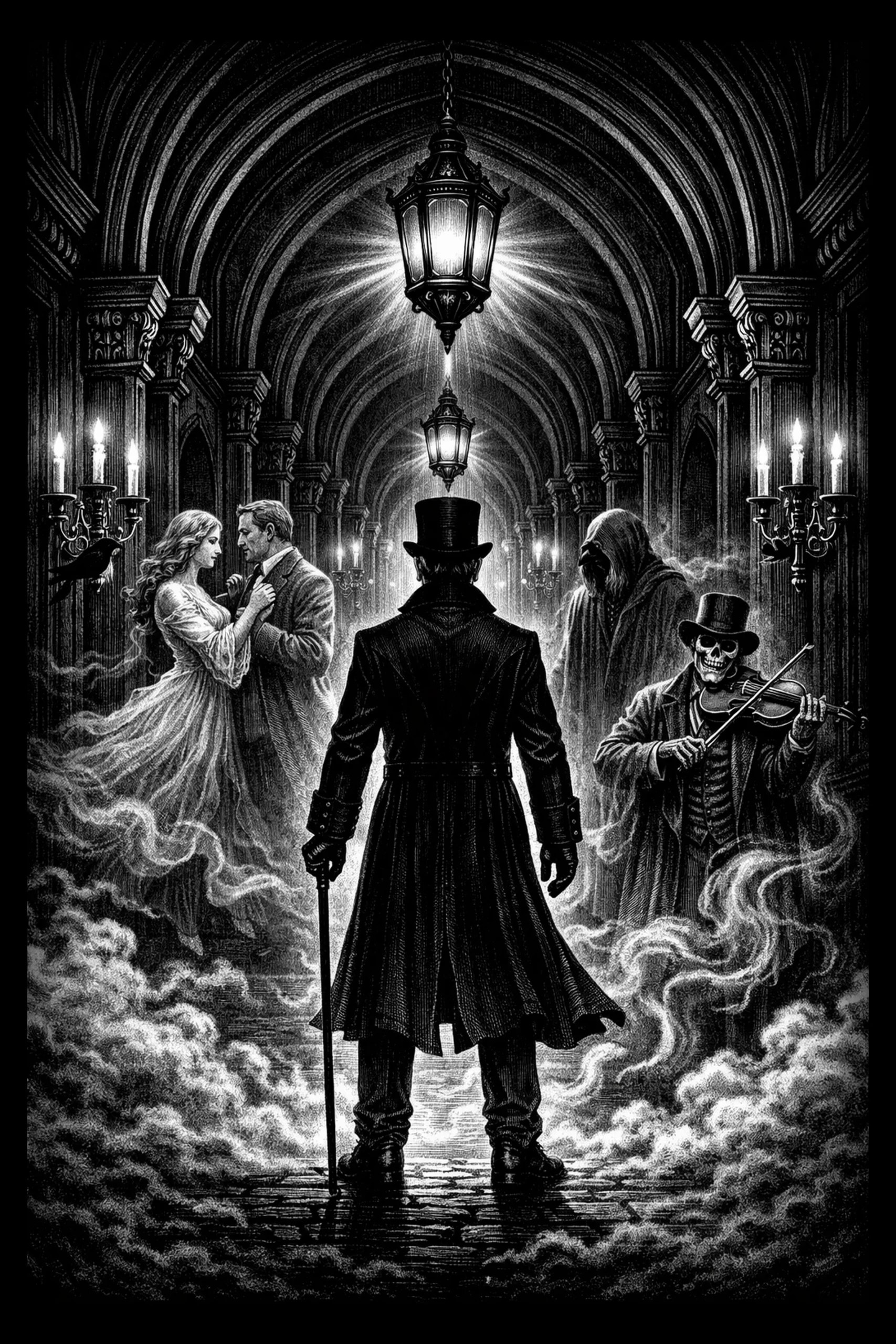 A top-hatted man walks into a candlelit gothic corridor while supernatural figures wait beneath the arches.
