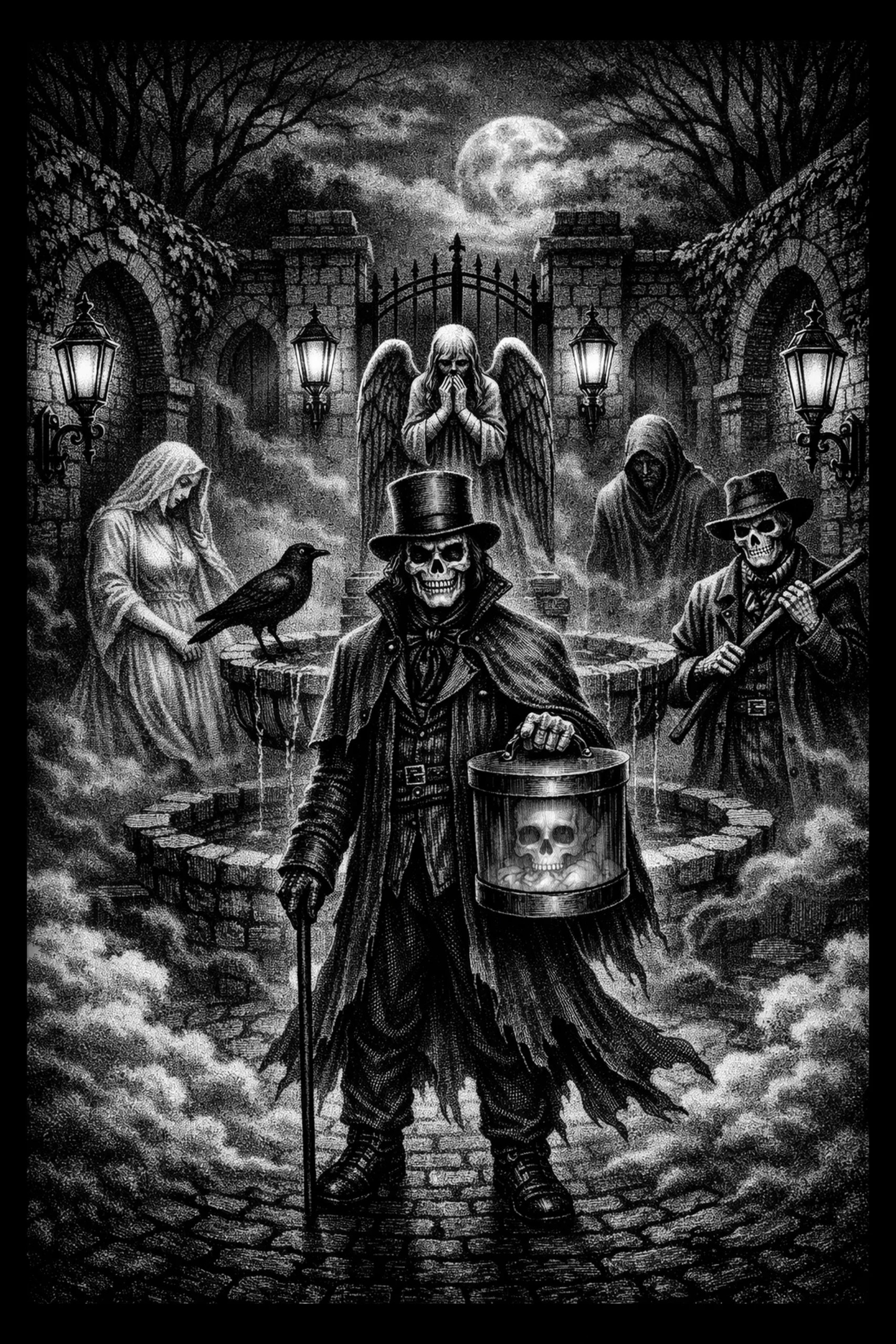 A skeletal collector in a top hat carries a glass vessel through a moonlit courtyard while hooded attendants watch nearby.
