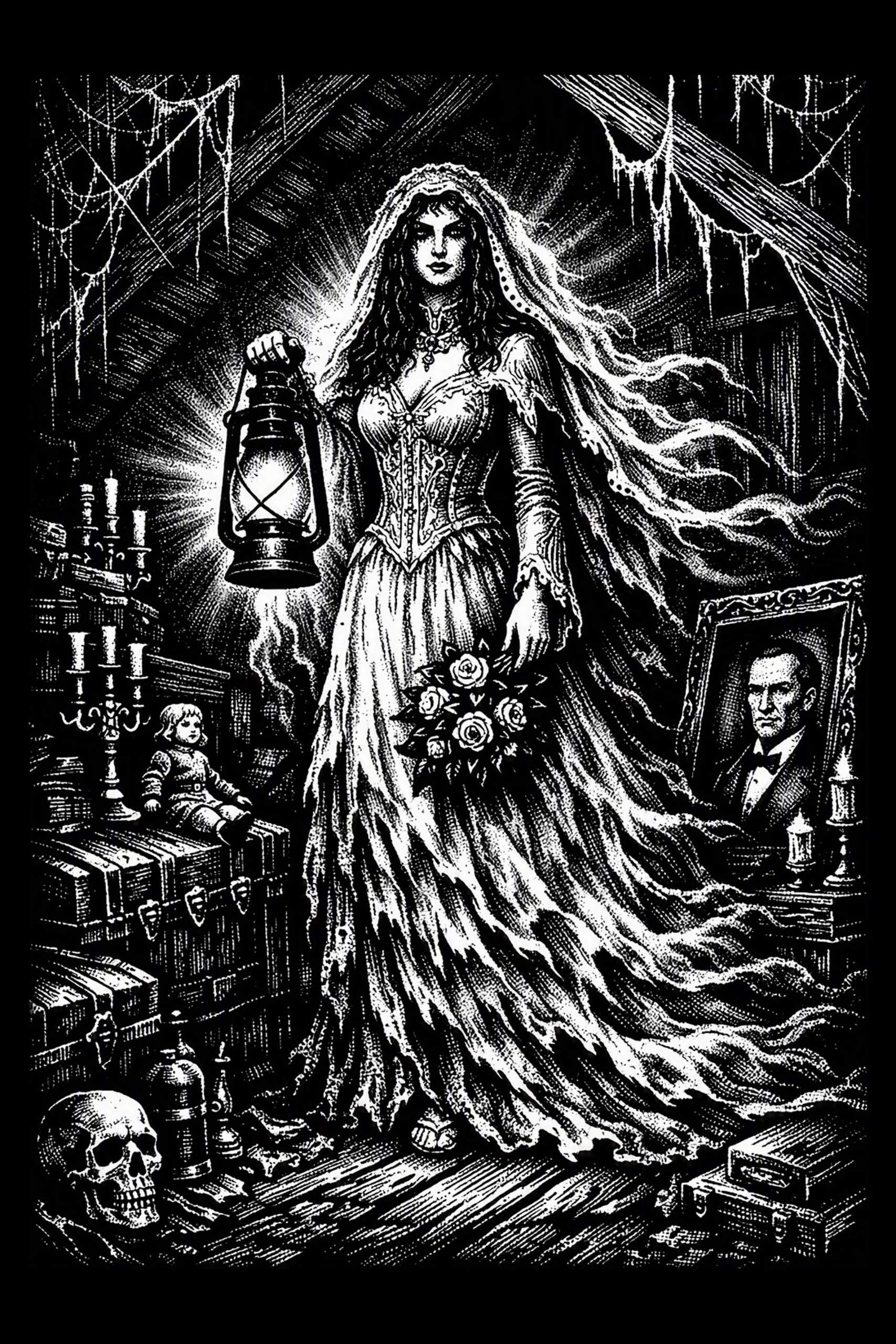 A ghostly bride stands alone in an attic with a lantern and bouquet, surrounded by the quiet decay of a forgotten room.