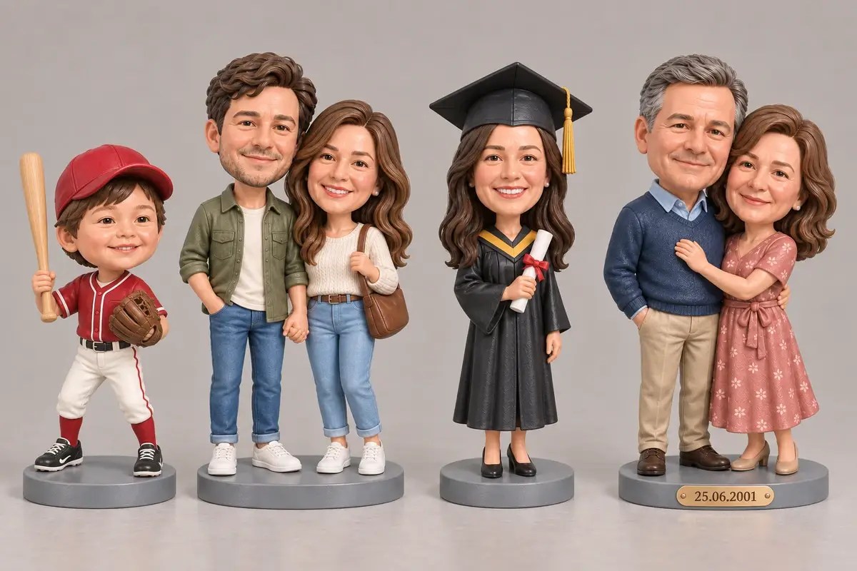 Custom personal keepsake figurines featuring a baseball child, young couple, graduate, and anniversary couple