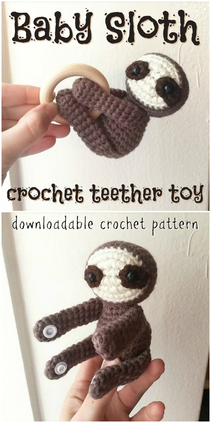 Adorable crochet pattern for this baby teether! Such a sweet little baby sloth! Perfect quick little gift idea! I love that it has snaps to hold the hands together! What a great idea! #crochet #amigurumi #pattern #crochetpattern #amigurumipattern #crochettoy #crochetforbaby #handmadetoy #crafts #yarn #craftevangelist