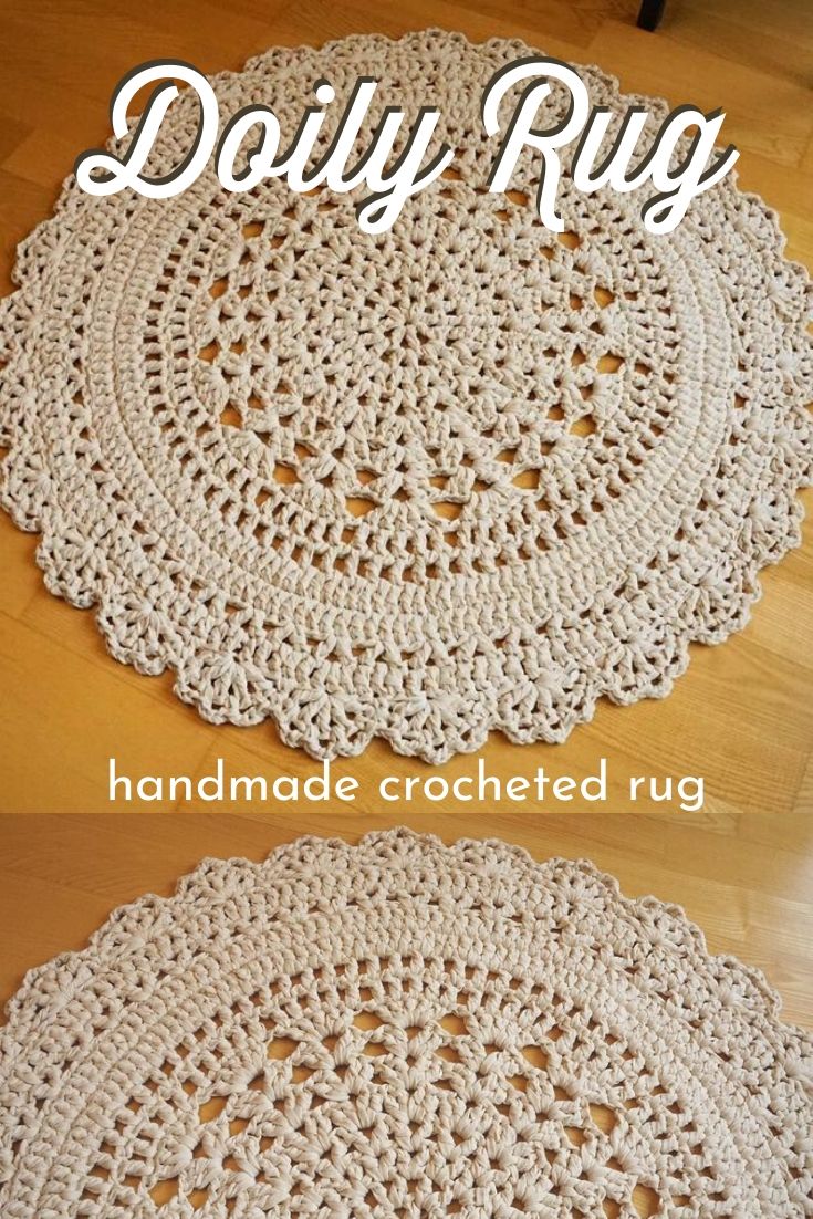 Handmade doily rug. Crocheted by hand, this beautiful round doily rug is a perfect addition to your living room, bedroom, bathroom, nursery or any other room. Machine washable. #crochetrug #handmade #handmadedecor #handmadebathmat #craftevangelist