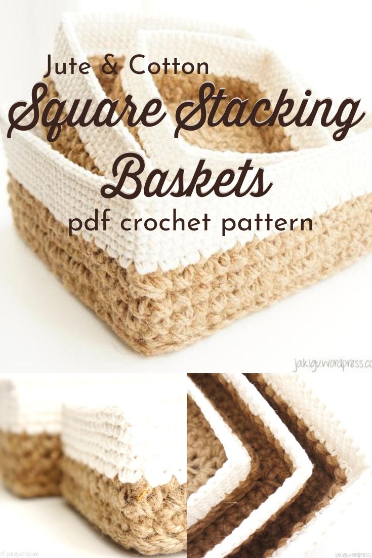 Jute & Cotton Square Stacking Baskets. These baskets nest inside each other and would make perfect rustic drawer organizers or for odds and ends around the house. #rusticcrochet #crochetpattern #crochetbaskets #nestingbaskets #diybaskets #craftevangelist