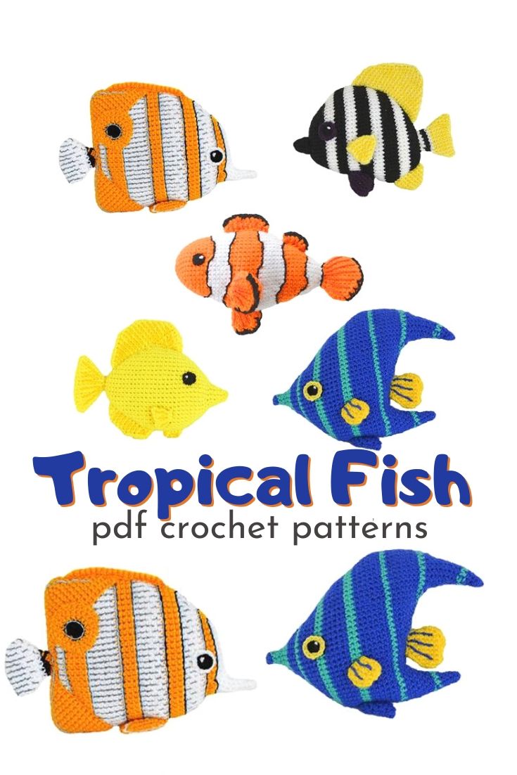 Fun set of tropical fish amigurumi crochet patterns! These would be so fun to fill up an old aquarium! Includes a clown fish crochet pattern, a striped boarfish crochet pattern, an angelfish crochet pattern, a tang fish crochet pattern and a butterfly fish crochet pattern. So much fun! #crochetpattern #amigurumipattern #fishcrochetpattern #crochetfish #aquariumfillers #oldaquarium #craftevangelist