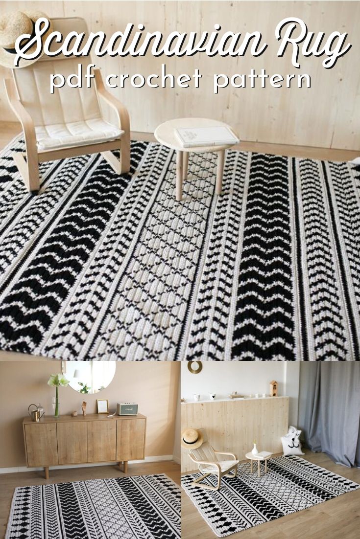 Scandinavian Rug crochet pattern in black and white. I love the contrast and simplicity of these two neutrals mixed together in multiple interesting designs. Perfect for boho or scandinavian decor! #crochetpattern #crochetrugpattern #crochetrug #rugpattern #craftevangelist