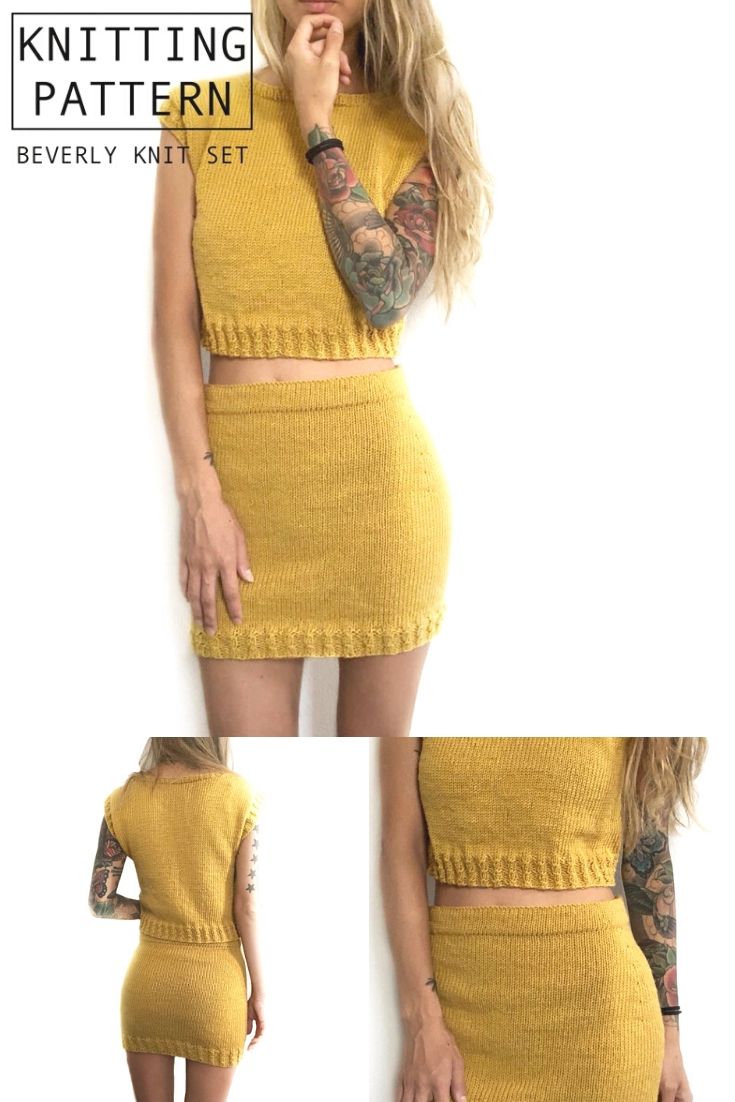 Gorgeous knit crop top and high-waisted knit skirt knitting pattern set. Love this gorgeous sexy hand-knitting pattern. Beginner intermediate knitting pattern. Perfect summer knit! #knittingpattern #knittoppattern #knitskirtpattern #summerknits #craftevangelist