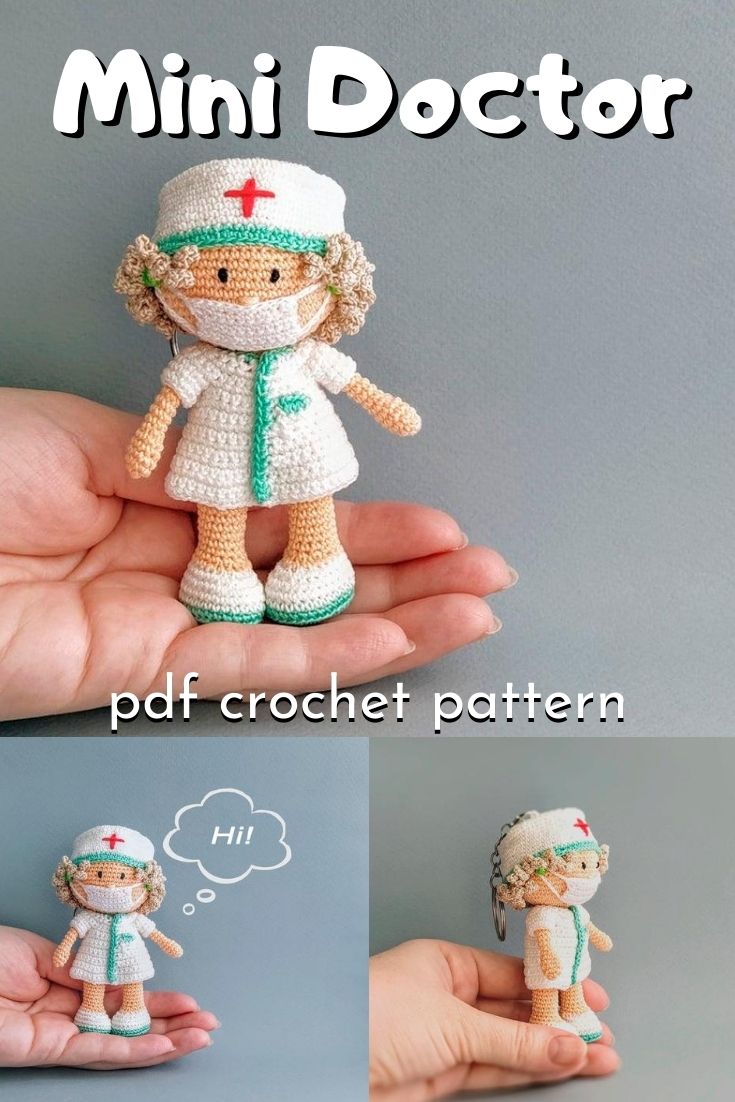 Tiny amigurumi crochet pattern for this adorable little doctor doll with mask. Perfect little keychain pattern to make for a nurse or doctor who is special to you! #crochetpattern #amigurumipattern #miniamigurumi #tinydolls #crafts #yarn #craftevangelist