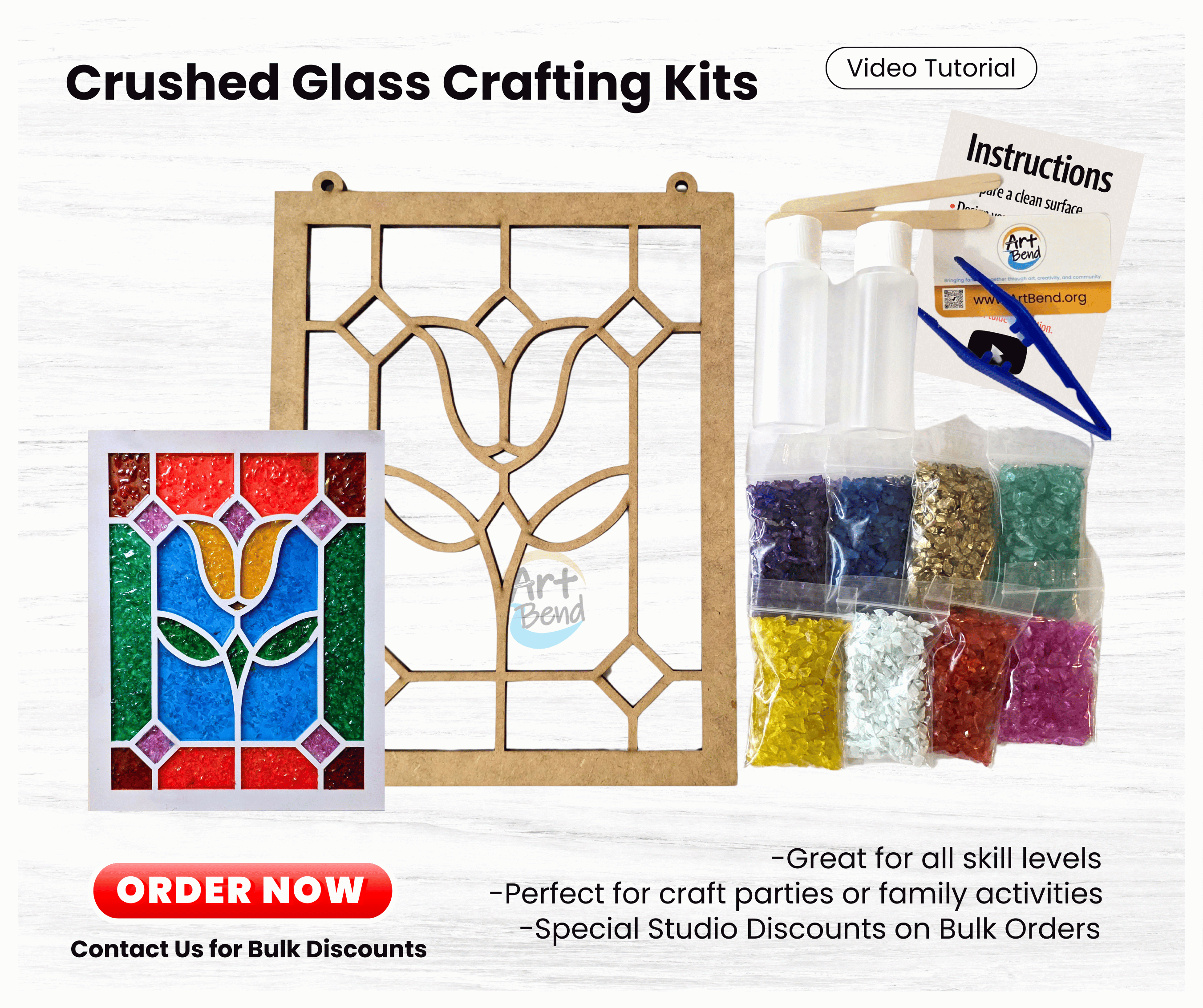 Create beautiful art with Art Bend’s Crushed Glass Crafting Kits, featuring vibrant crushed glass and smooth resin for a glossy, durable finish. Perfect for DIY projects, family fun, and craft parties.