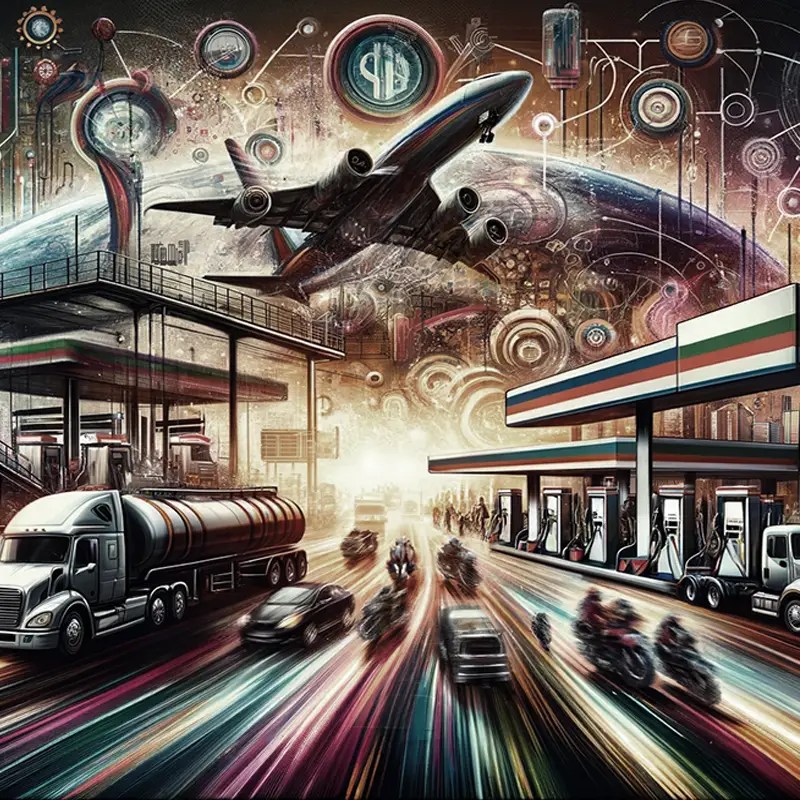 dall-e matte colored futuristic composite drawing of a flying plane above moving traffic where the road is visualized as long blurred lines. Flanked by gas stations.