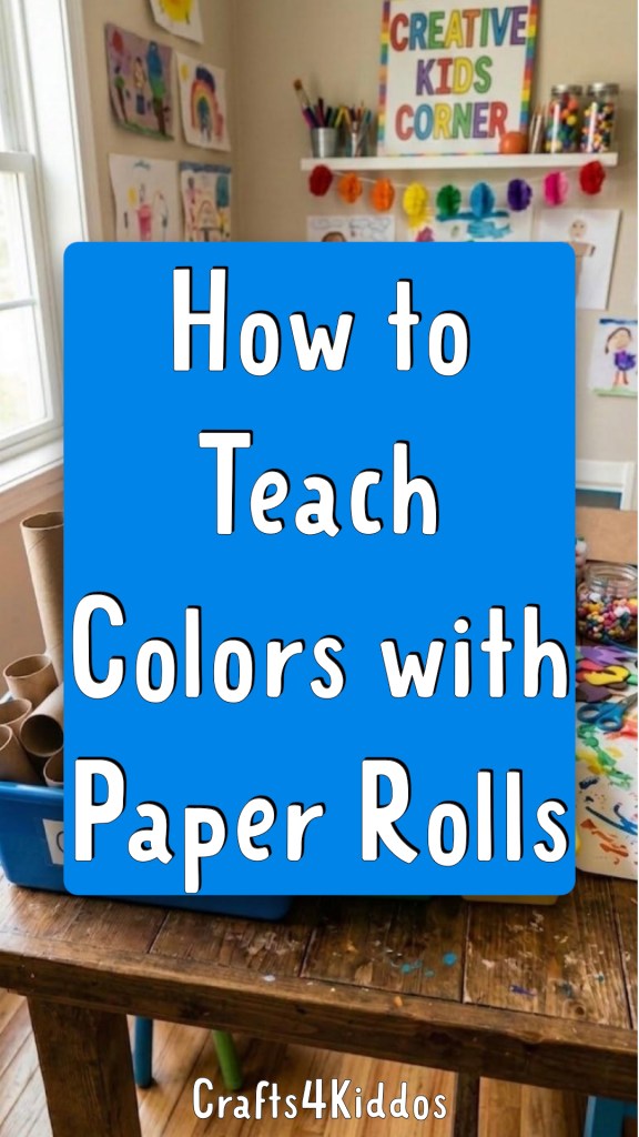 A colorful educational poster titled 'How to Teach Colors with Paper Rolls' in a creative kids' art space with art supplies visible.