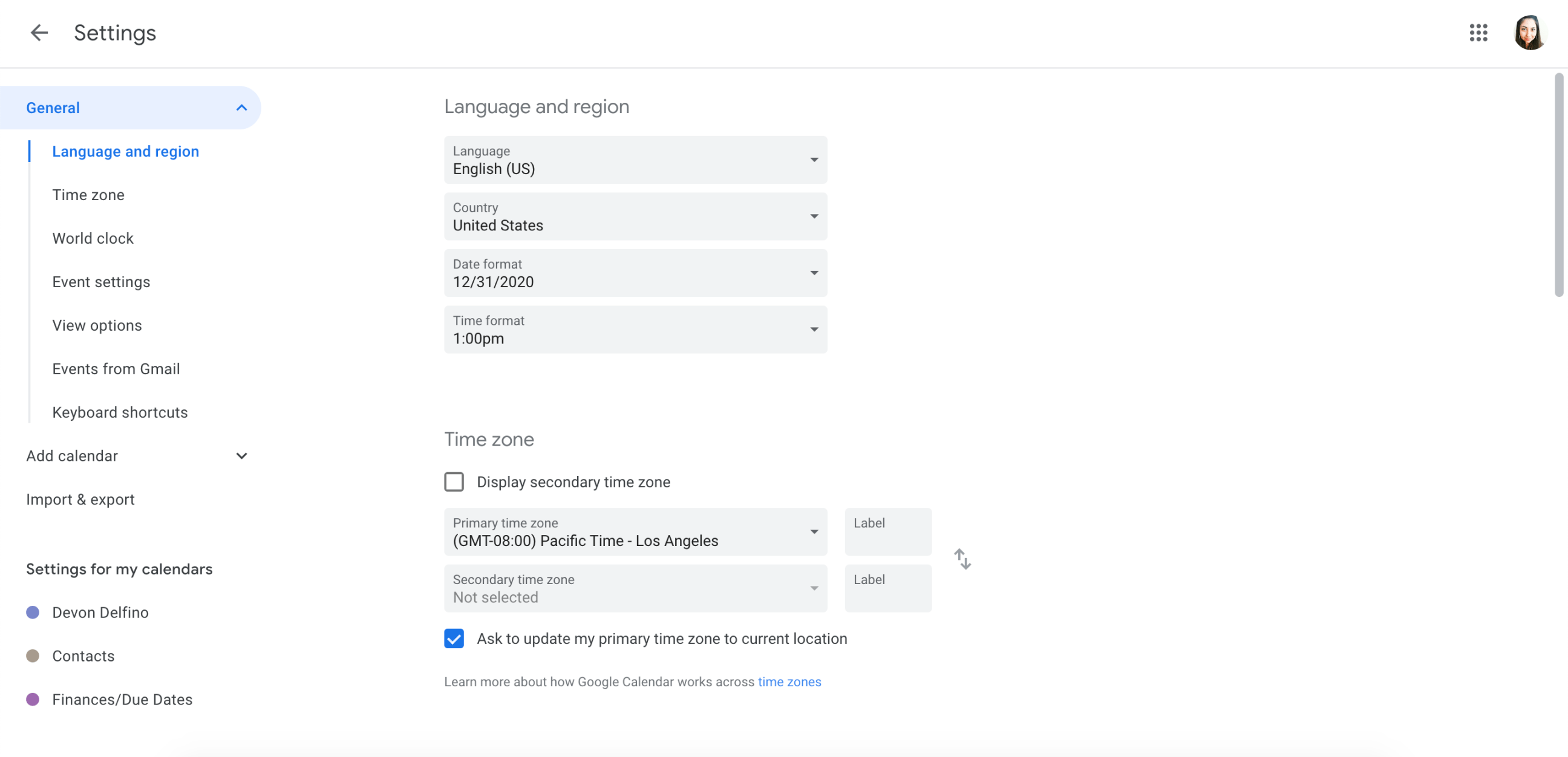 How to change time zone google calendar