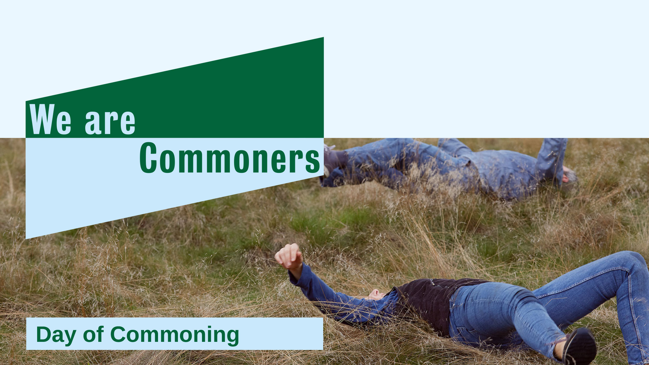 Two people roll in long grass with overlaid graphic