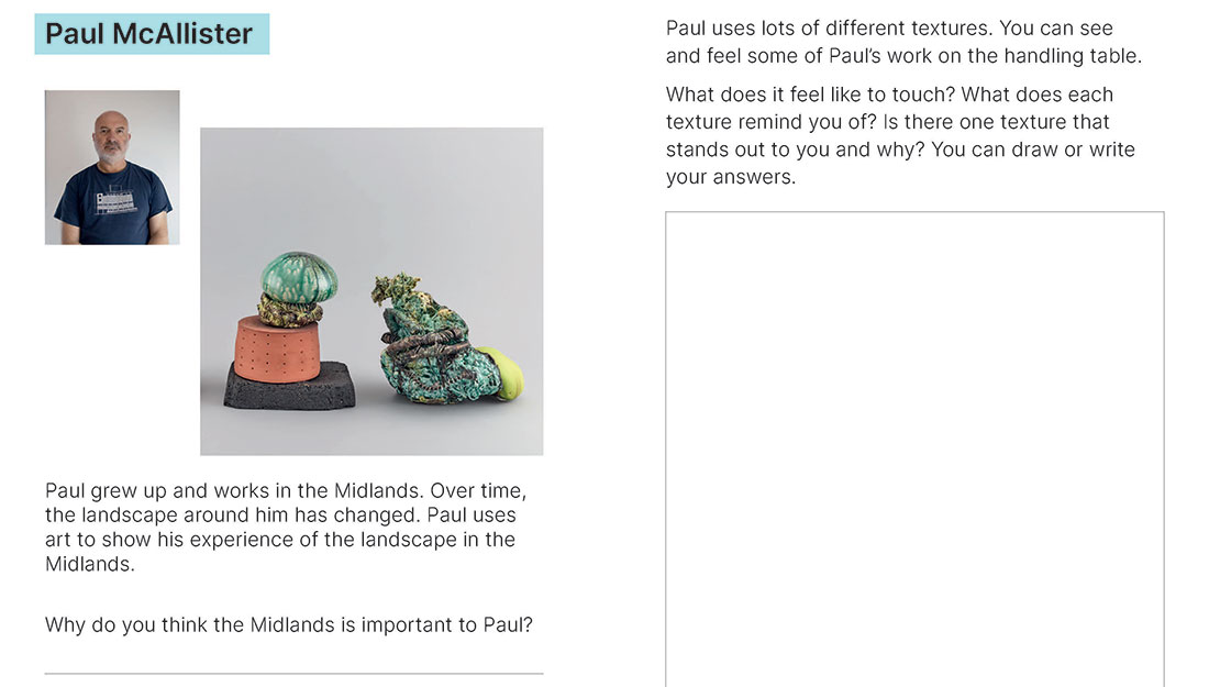 Pages from the guide show an portrait of an artist, their work and space to complete activities.