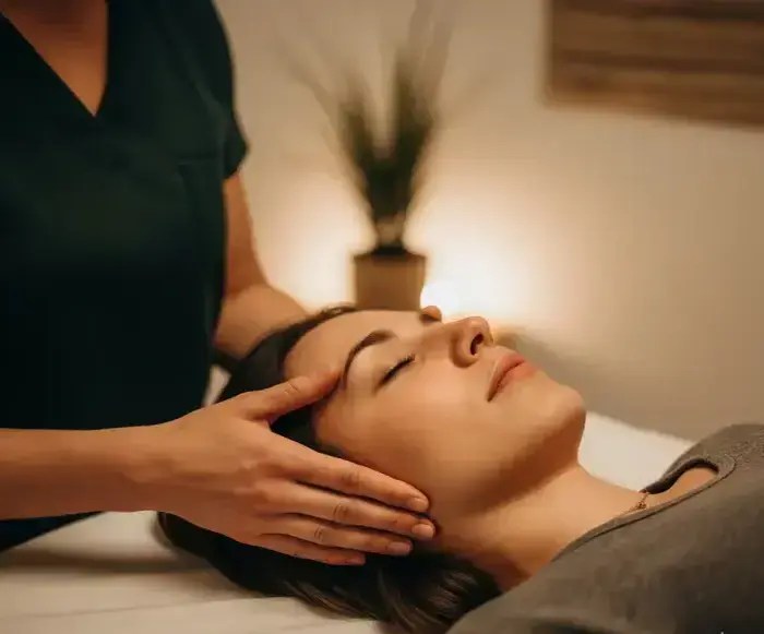 A person lies on their back during a craniosacral therapy session as the practitioner’s hands gently rest near the temples and jaw, using soft touch to ease tension and support relaxation. - Dissociation in Craniosacral Therapy 2