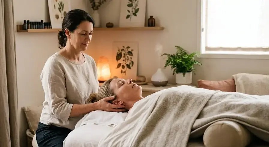 Calm craniosacral therapy session in a holistic clinic, therapist gently holding a client’s head, soft lighting, peaceful healing space. -how to find a craniosacral therapy practitioner. -1