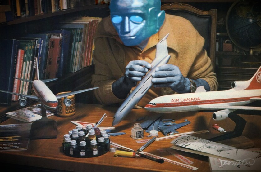 A 1970s Air Canada ad depicting a man in a brown velour pullover with a large collar sitting in a book-lined study, assembling model Air Canada jets on his desk. His head has been replaced with the blue, metallic head of a 1950s pulp robot and his skintones have been shifted blue to match.
