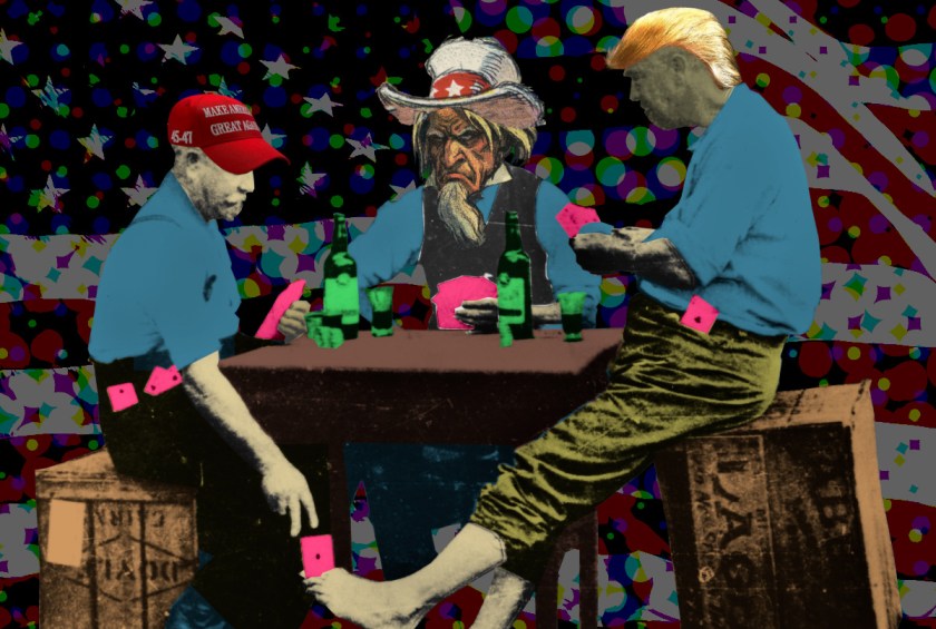 Three men playing cards and having a drink. The men are dressed in long trousers and shirts. One man passes a card to another player with the card between his toes under the table, unbeknownst to the third player. The card-passer has Trump's hair and orange skin. The card-receiver wears a MAGA hat. The background is a heavily halftoned, desaturated, waving US flag.