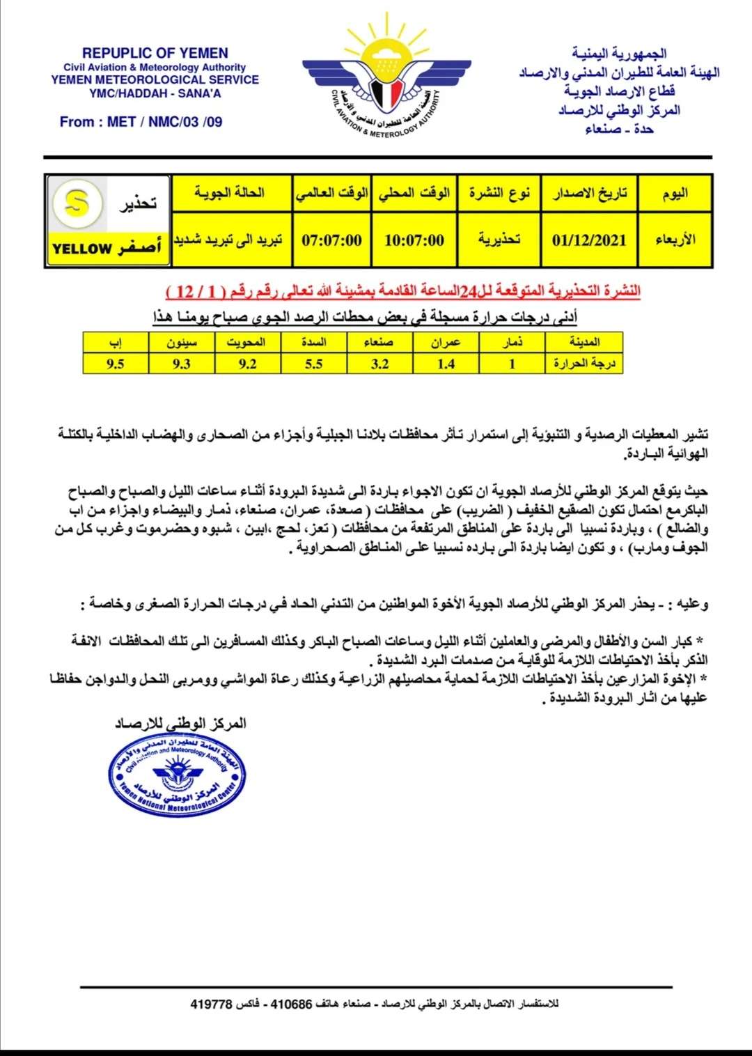 تحذيرات من موجة صقيع على صنعاء وهذه المحافظات